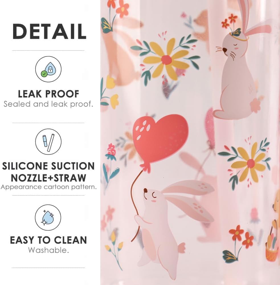 Children's Water Bottle, 600 ml, Sturdy and Shatterproof, Leak-Proof with Straw, BPA-Free, Beautiful Water Bottle for Girls and Boys Suitable for School Travel, Portable
