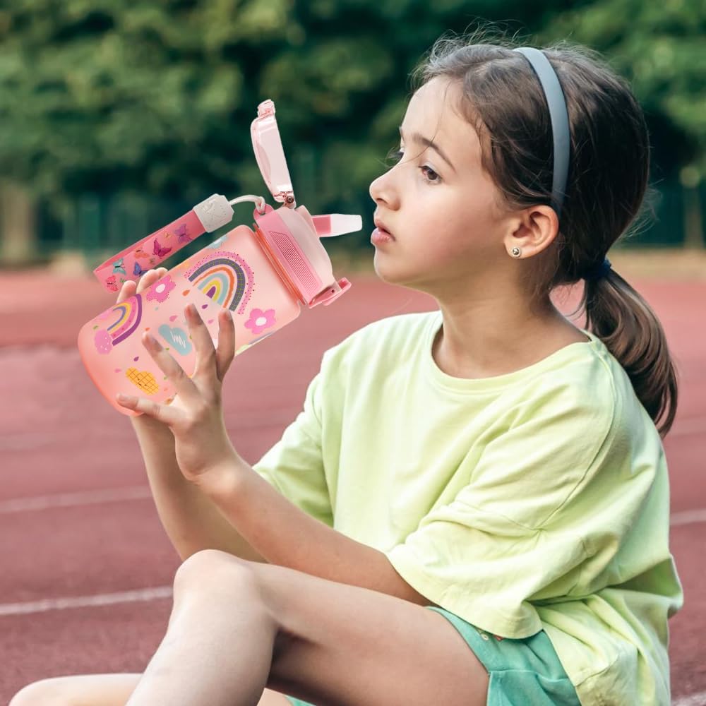 Children's Water Bottle, 600 ml, Sturdy and Shatterproof, Leak-Proof with Straw, BPA-Free, Beautiful Water Bottle for Girls and Boys Suitable for School Travel, Portable