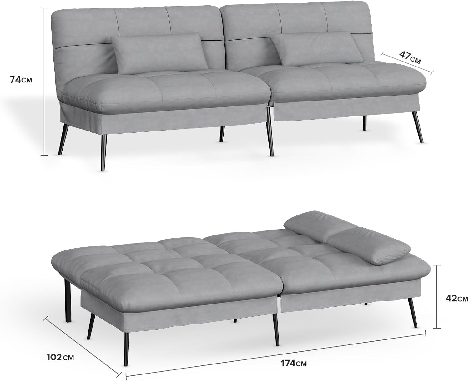 Canapé-lit convertible COMHOMA – 3 places – Tissu gris – Dossier ajustable