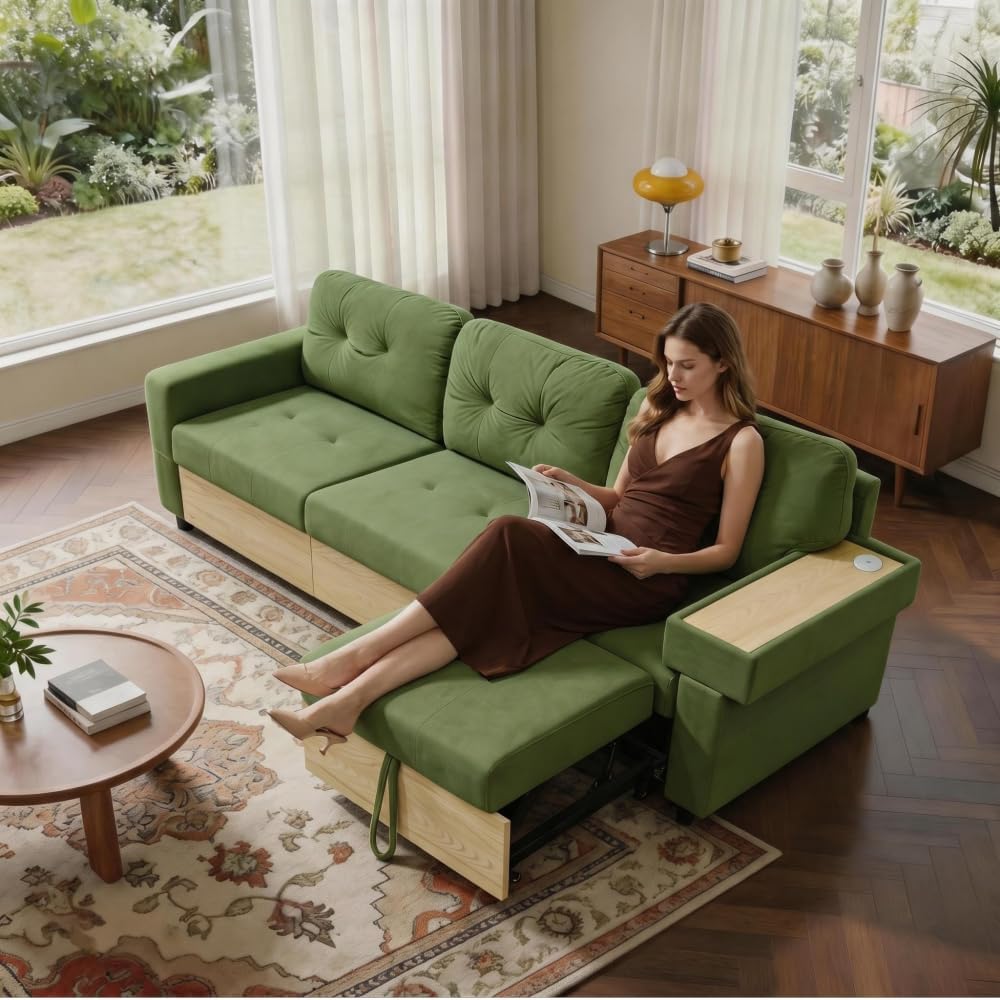 Canapé d'Angle Modulable Cayipng — Velours Vert, Port USB, Rangement