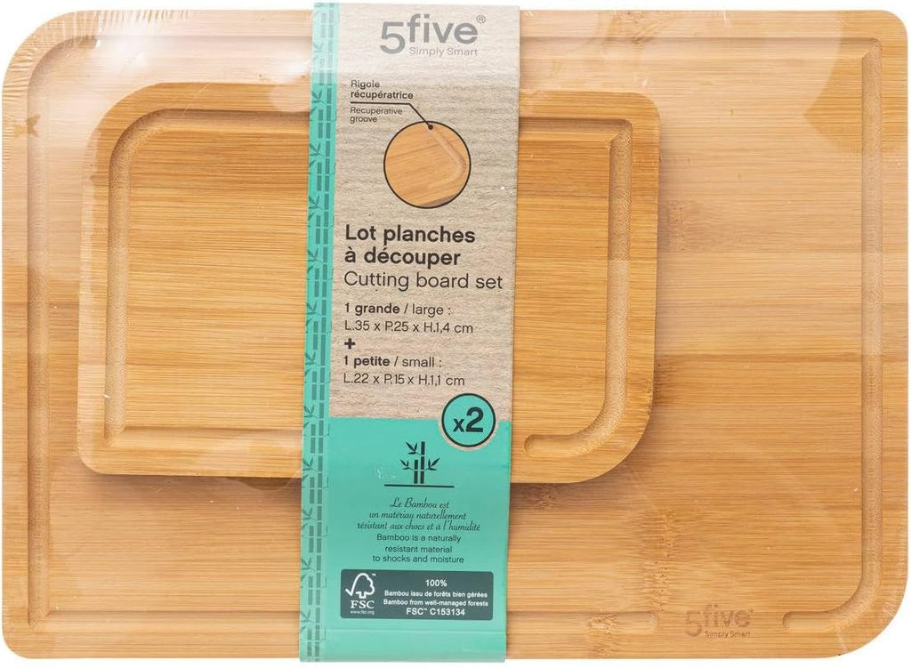Lot de 2 Planches à Découper en Bambou 5five – 35x25 cm & 22x15 cm, Rainure Jus, Lavage Main