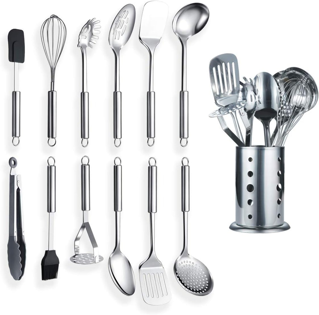Set d'Ustensiles de Cuisine Berglander 13 Pièces — Inox Poli Miroir avec Support