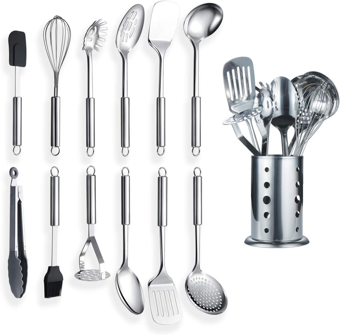 Set d'Ustensiles de Cuisine Berglander 13 Pièces — Inox Poli Miroir avec Support