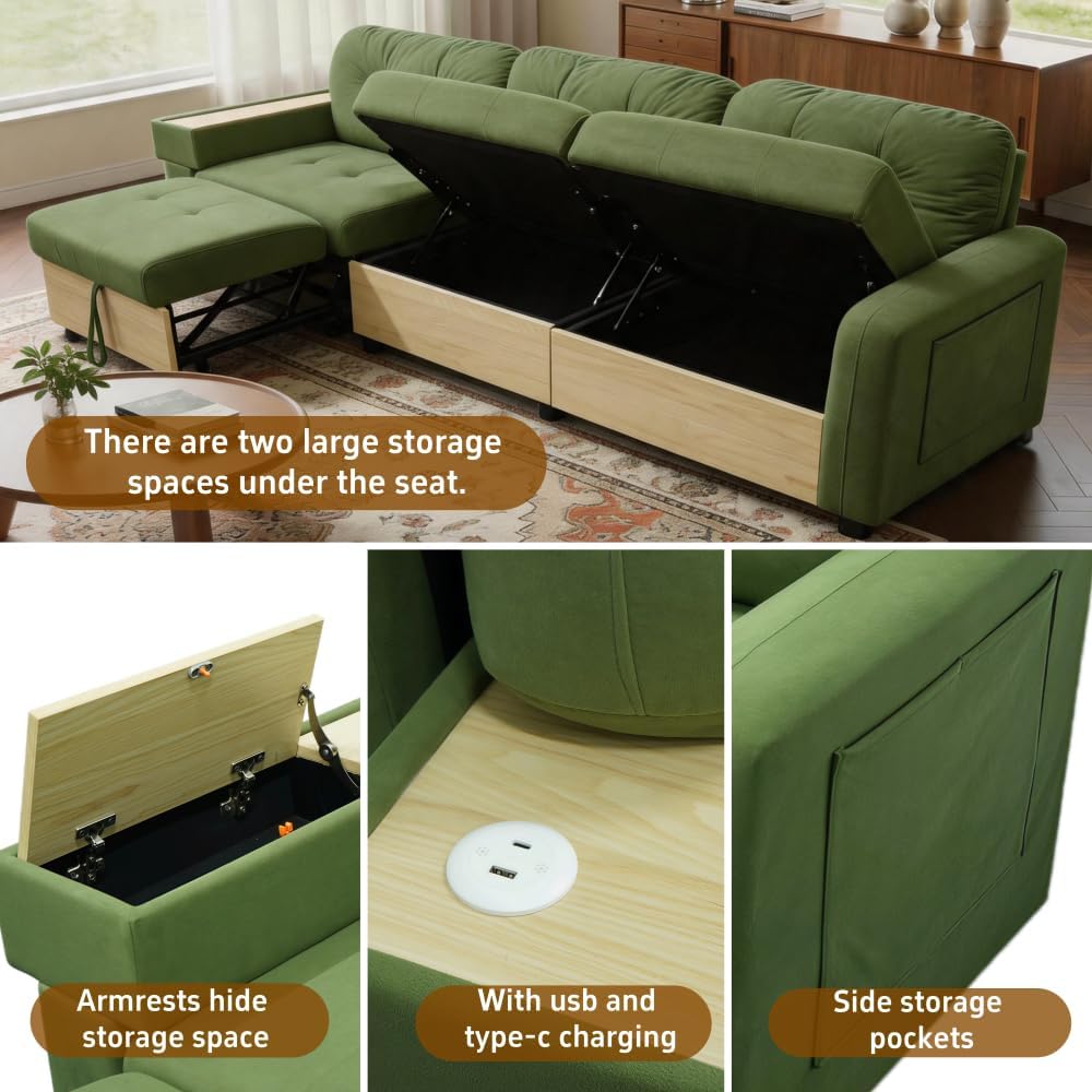 Canapé d'Angle Modulable Cayipng — Velours Vert, Port USB, Rangement