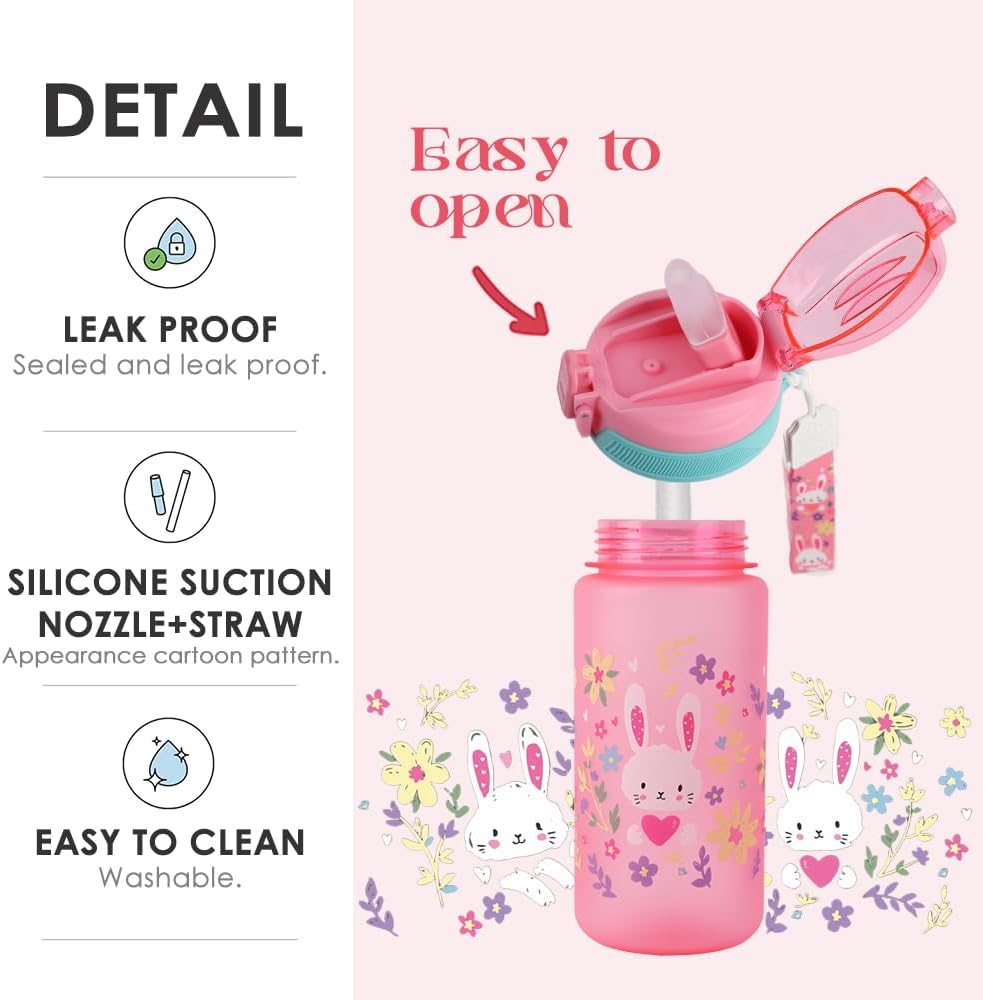Children's Water Bottle, 600 ml, Sturdy and Shatterproof, Leak-Proof with Straw, BPA-Free, Beautiful Water Bottle for Girls and Boys Suitable for School Travel, Portable