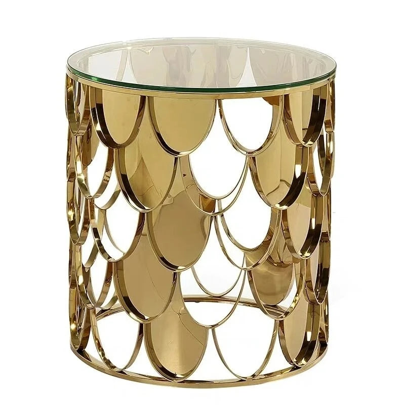 Table Basse Ronde en Acier Inoxydable – Décoration Écaille Brillante pour Salon