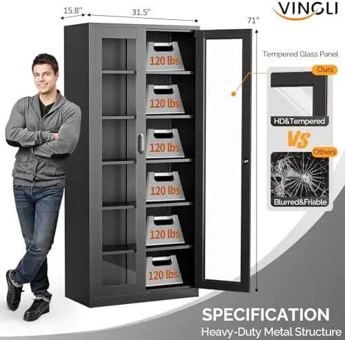 Lockable Display Cabinet with Glass Doors & 5 Adjustable Shelves, 71" Tall Black Metal Storage Cabinet Curio Liquor