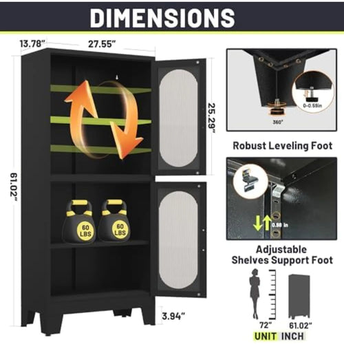 Armoire de Cuisine Noire 155 cm – Portes Acrylique & Étagères Réglables en Acier
