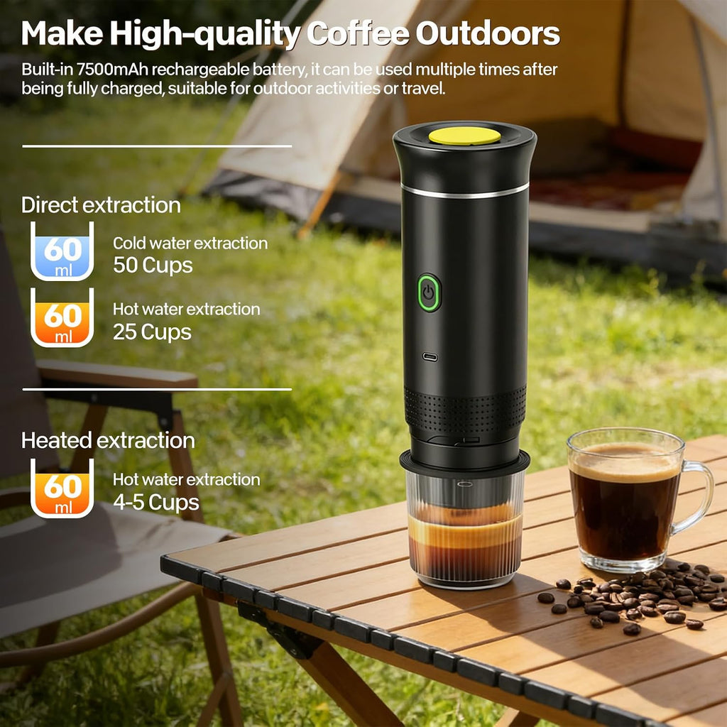 VHV Draagbaar koffiezetapparaat voor reizen, snelle verwarming, 3-in-1, draagbaar, 12 V, automatische verwarming van 4 tot 6 minuten, grote capsules, gemalen koffie, voor camping, kantoor, thuis