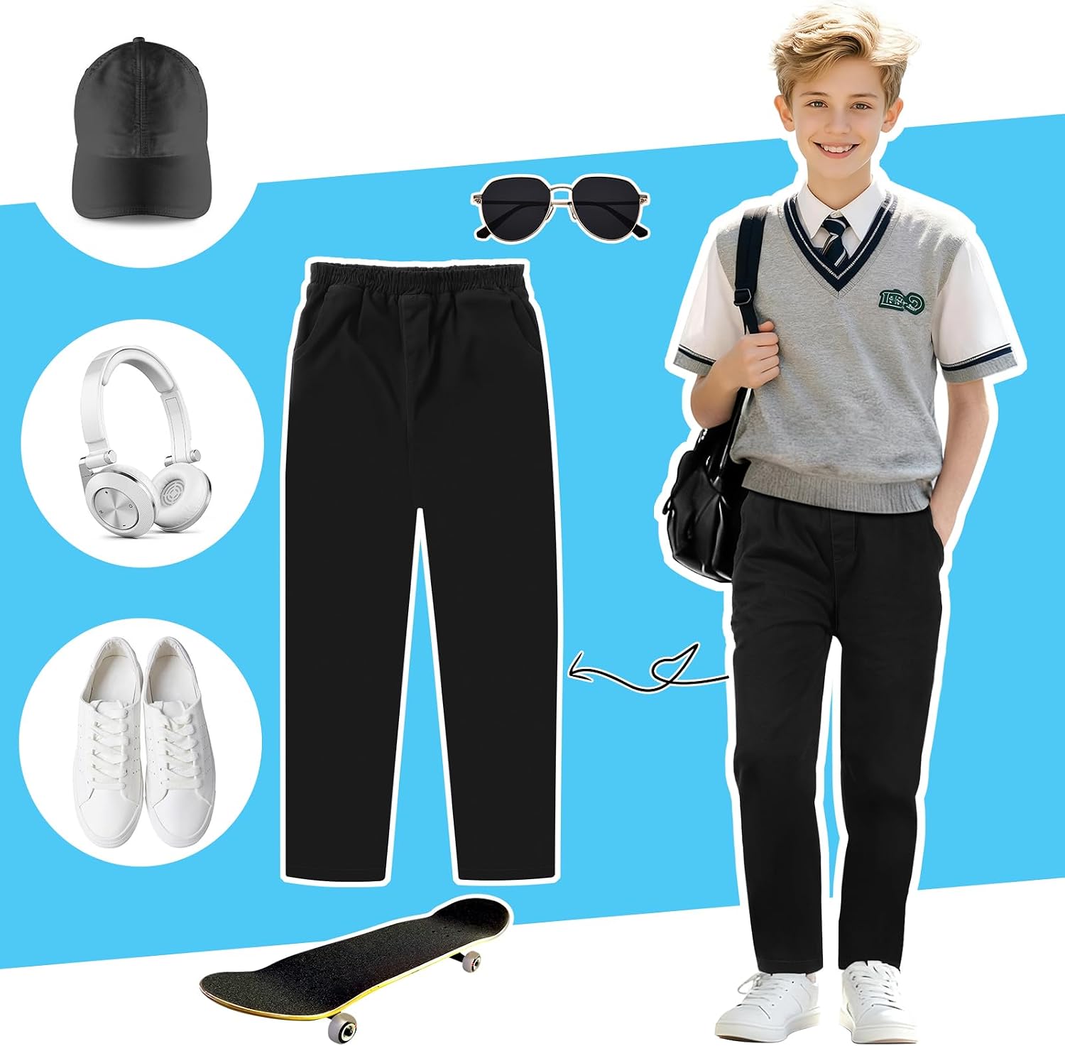 Boys School Trousers, Elastic Waist Jogging Trousers, Tracksuit Bottoms Suitable for Children from 6 to 11 Years, Black