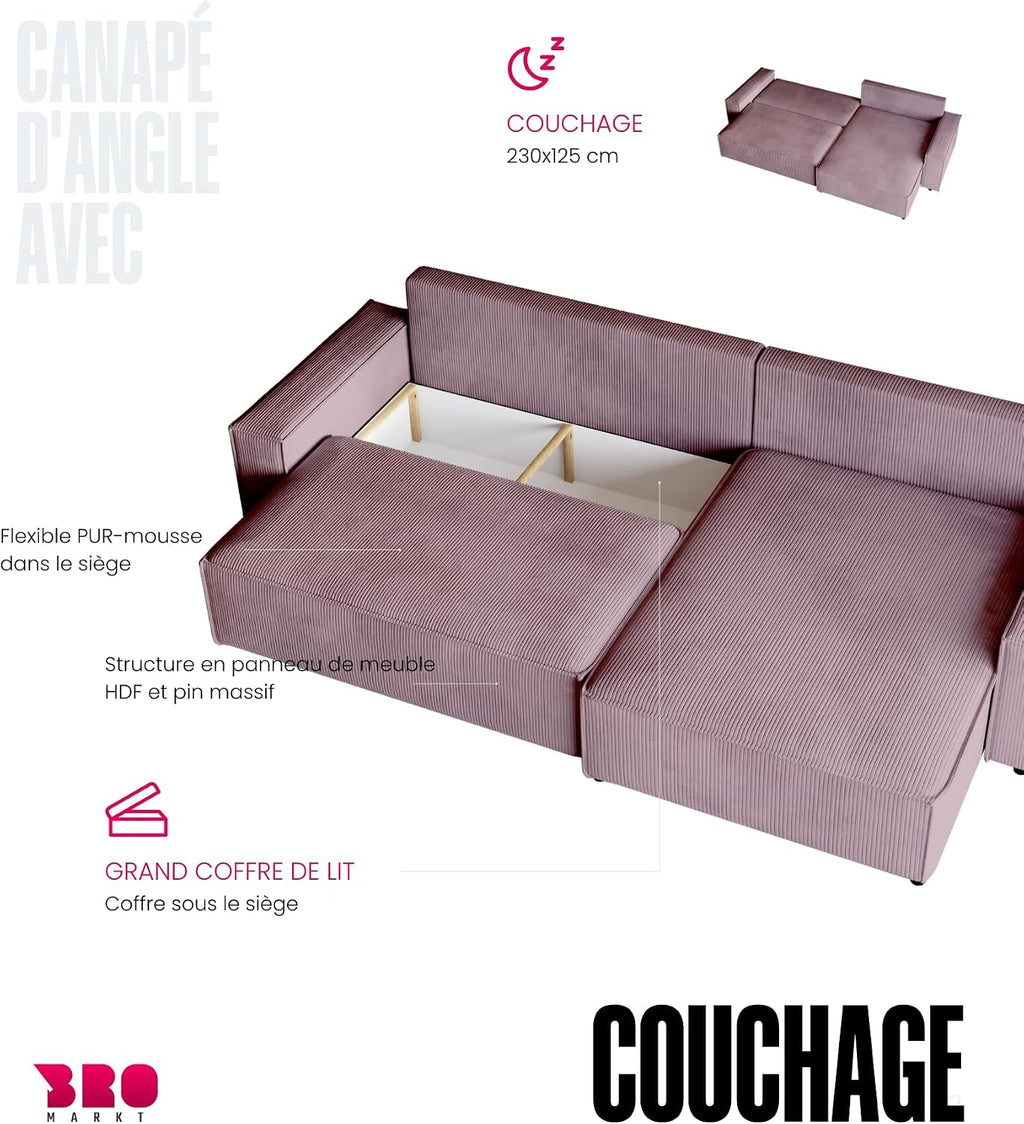 Canapé d'angle convertible BROMARKT ADI XL – 3 places – Velours côtelé vanille – Coffre de rangement