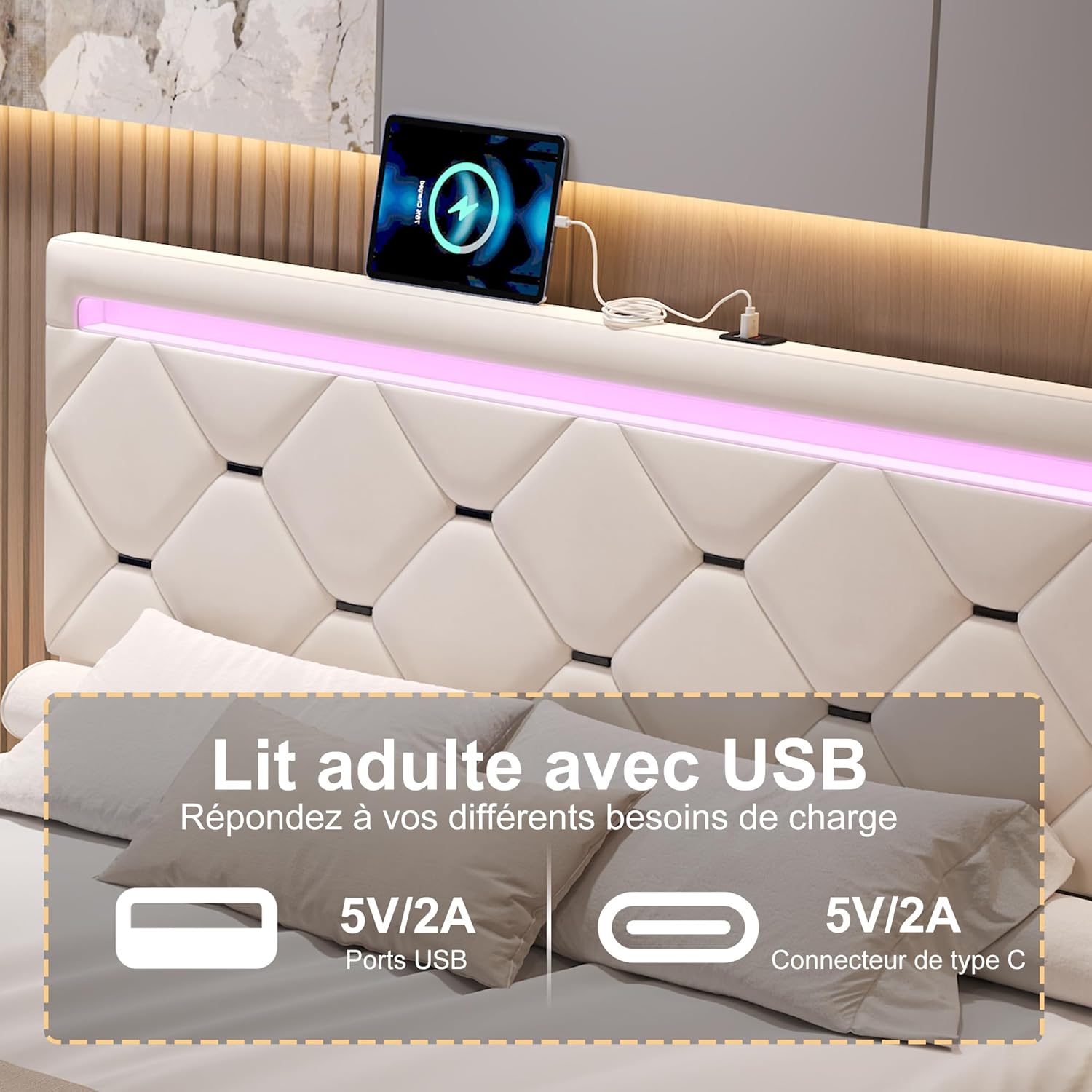Lit Double 140x200 cm – 4 Tiroirs de Rangement, Éclairage LED +6000 Couleurs & Tête de Lit Réglable en PU