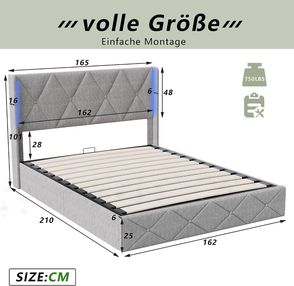 Lit Coffre LED RGB & Port USB | Rangement Hydraulique | Tête de Lit Rembourrée avec Étagères | 90 à 160 x 200 cm