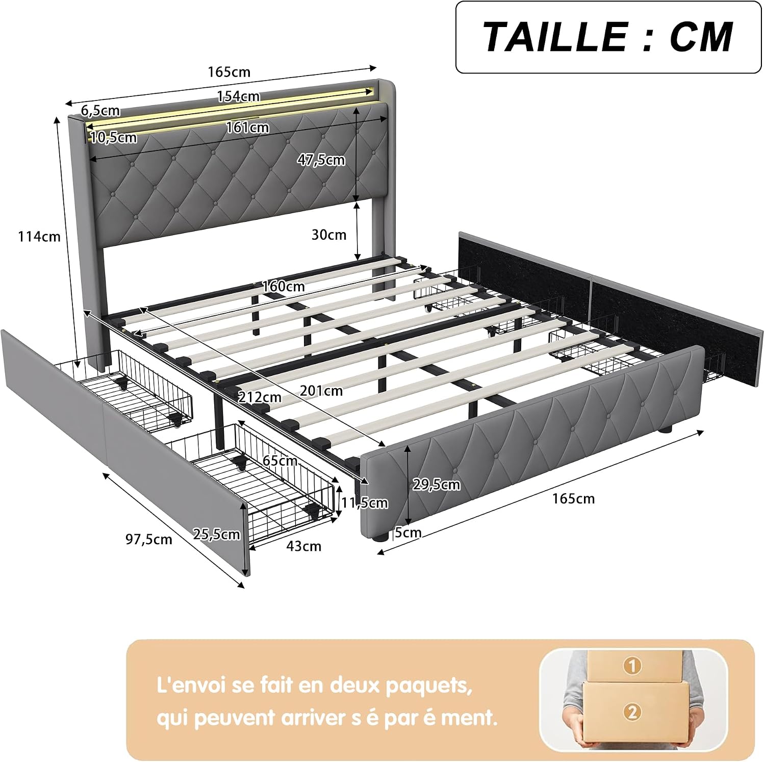 Lit Double 140x200 cm – 4 Tiroirs de Rangement, Éclairage LED +6000 Couleurs & Tête de Lit Réglable en PU