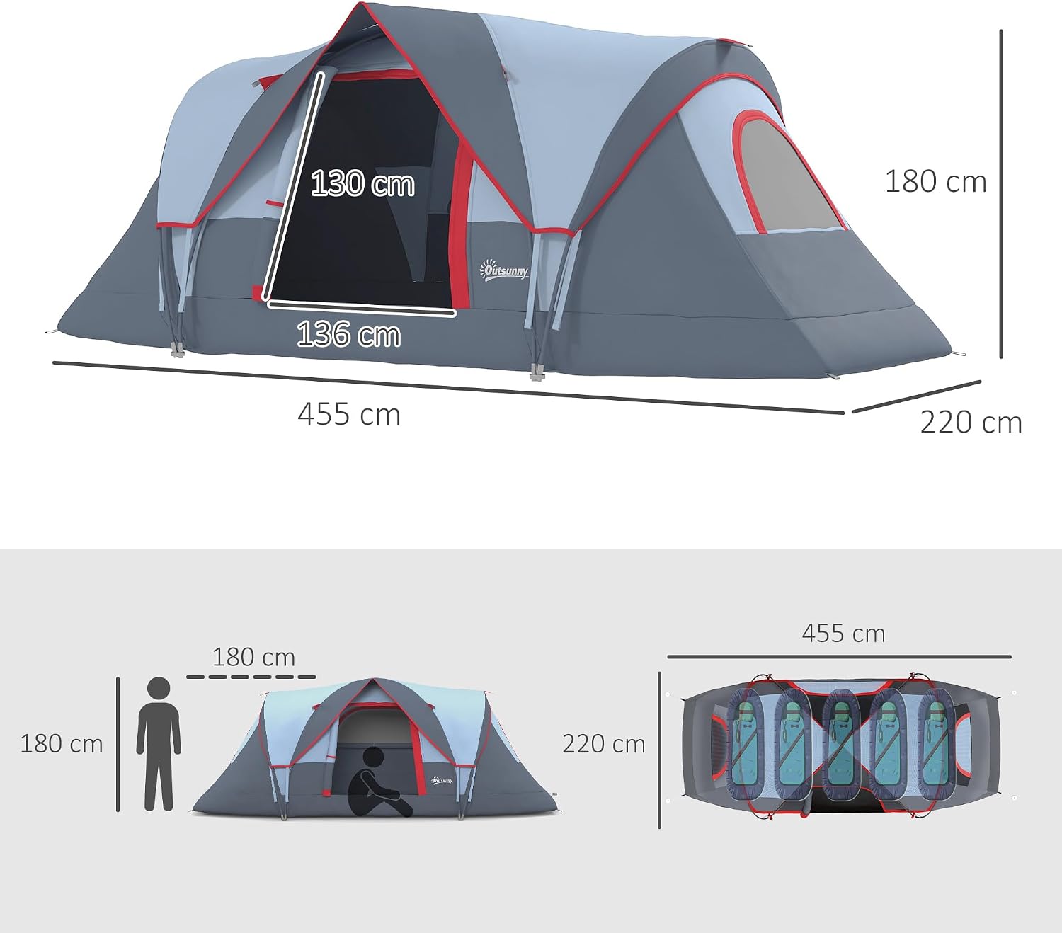 Outsunny Tente de Camping familiale 5-6 pers. - Tente Tunnel étanche légère ventilée Facile à Monter - Grande Porte + 3 fenêtres - dim. 4,55L x 2,2l x 1,8H m Fibre Verre Polyester Oxford