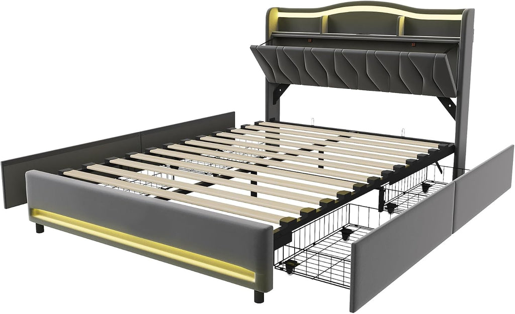 Lit Double 140x200 cm – 4 Tiroirs de Rangement, Éclairage LED +6000 Couleurs & Tête de Lit Réglable en PU