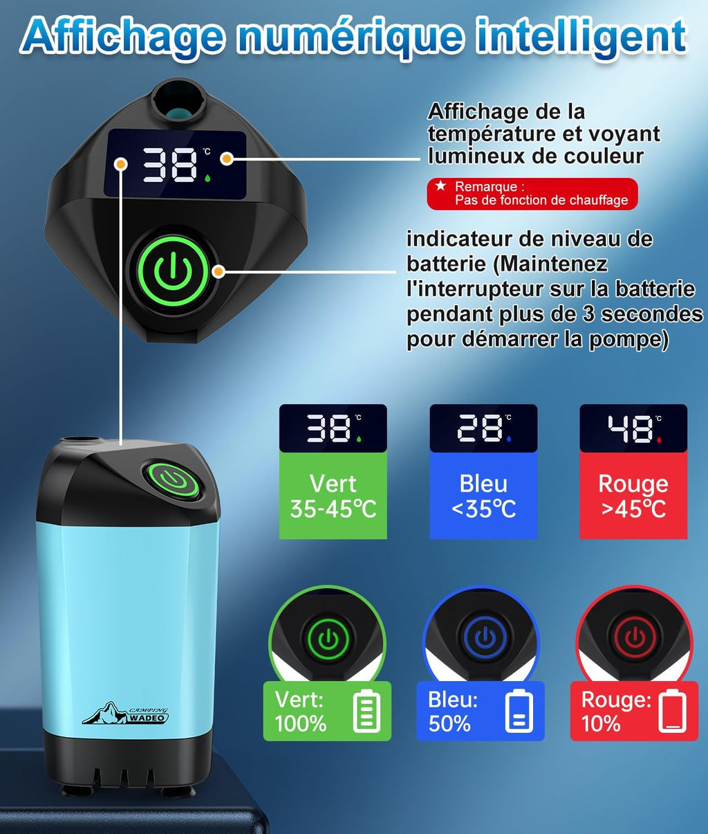 WADEO Campingdoucheset, oplaadbare elektrische douchepomp, douchekop met intelligente temperatuurweergave en instelbare waterdruk