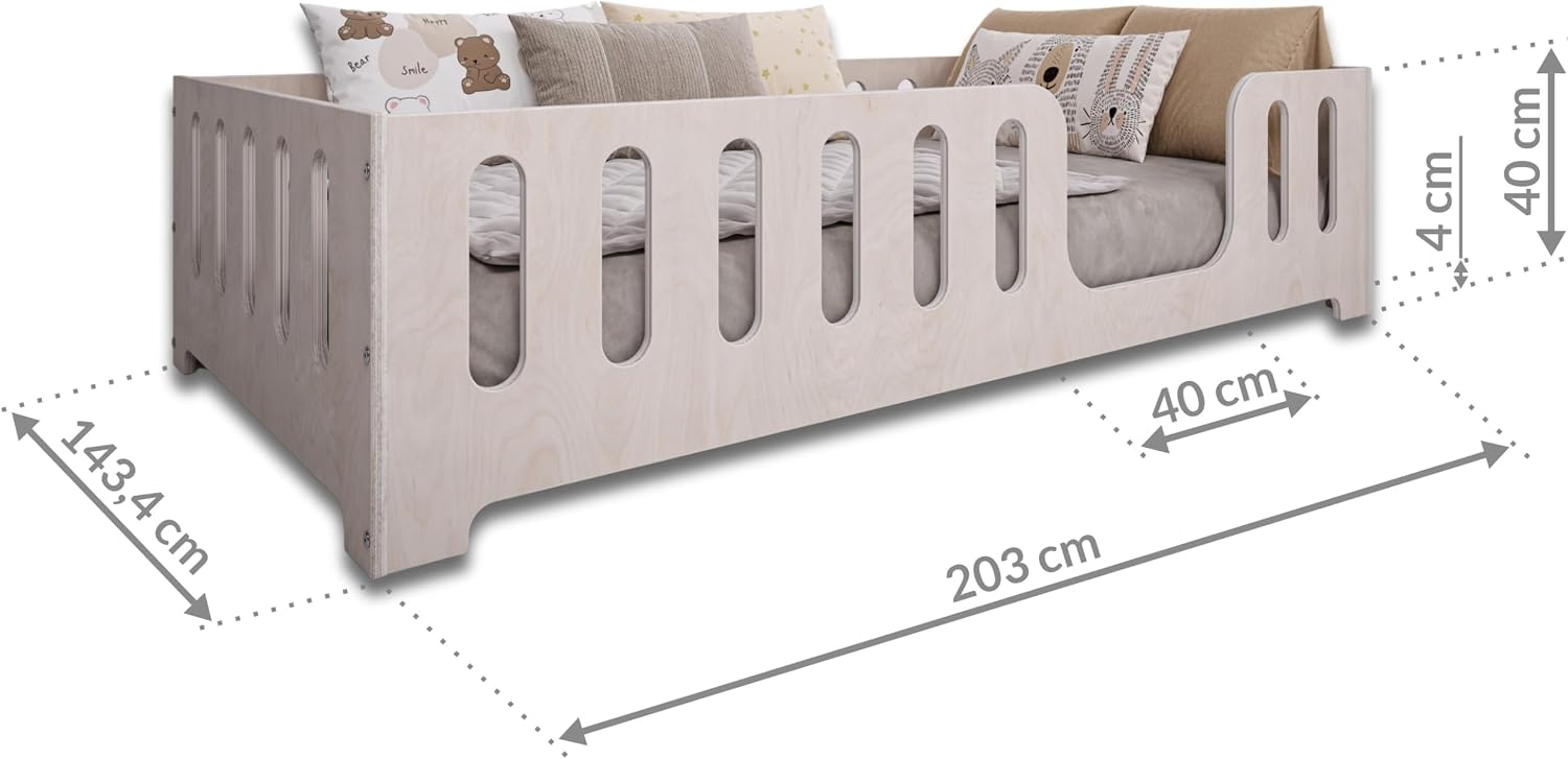 Lit Montessori Enfant 90 x 200 cm – Bois de Hêtre Naturel – Barrière de Sécurité & Sommier à Lattes