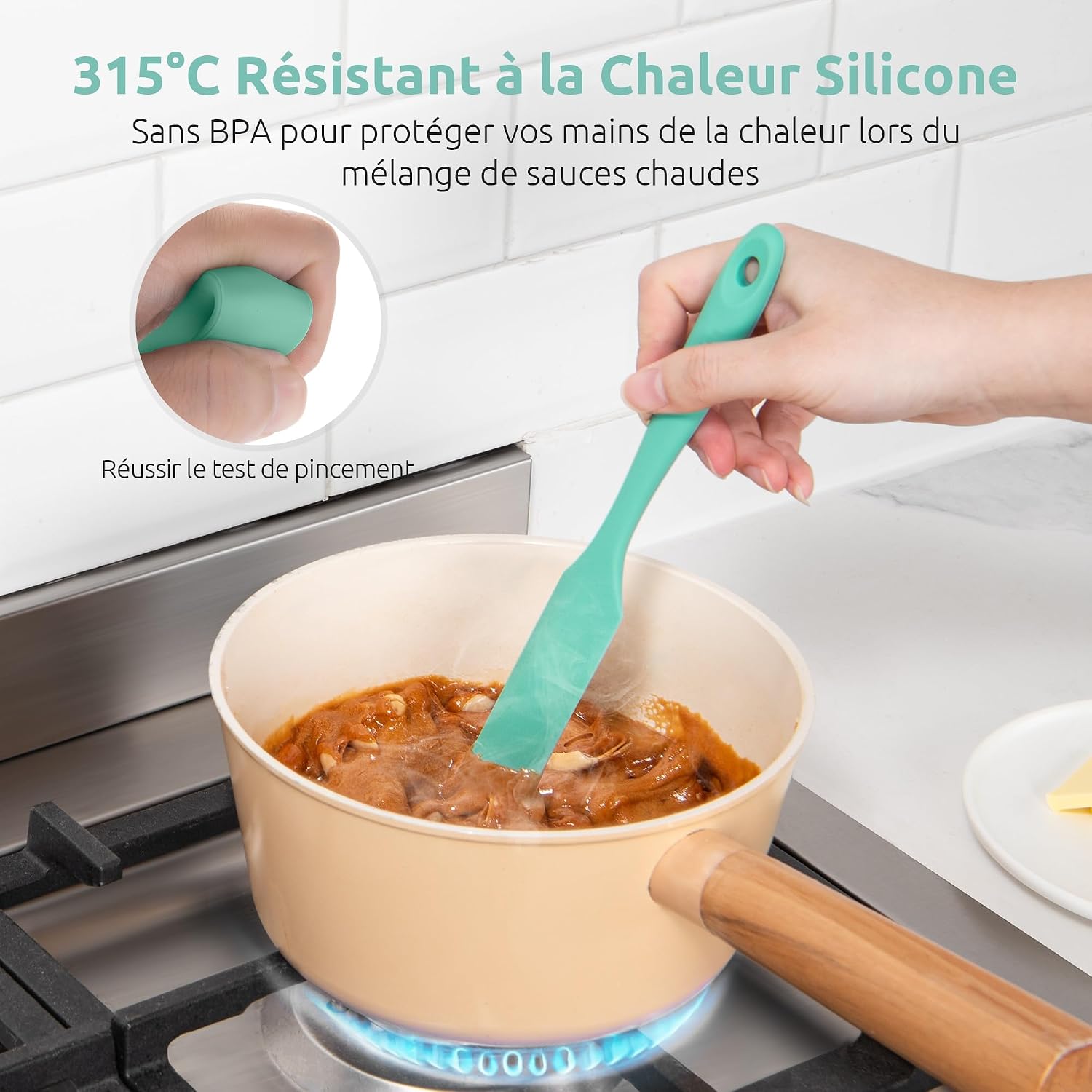Spatule Silicone U-Taste – Embout Cuillère, Cœur Acier Inox, Résistante 315°C, 24,5 cm, Noir