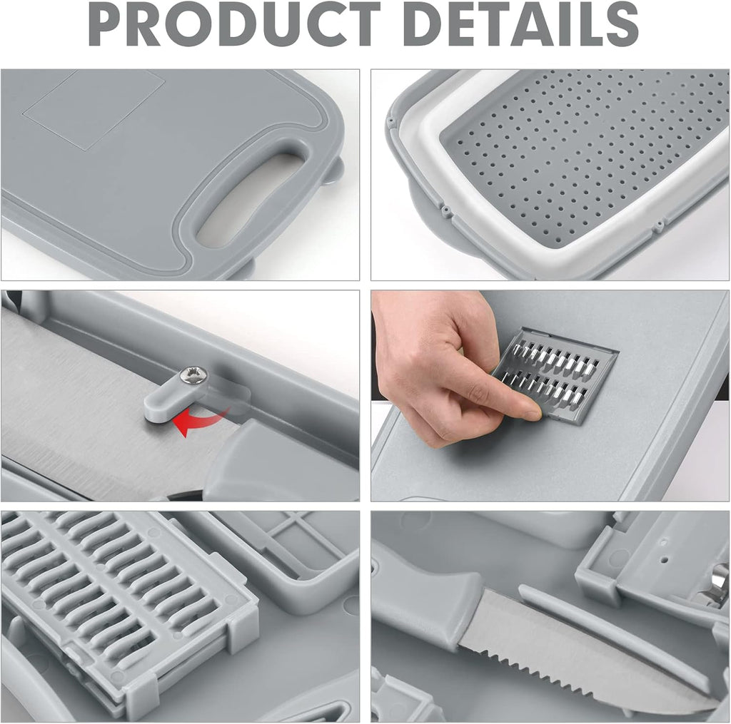 HI NINGER 9-in-1 multifunctionele snijplank, keuken met 5 groentesnijders en 2 messen, draagbare kunststof opvouwbare afvoermand voor camping, barbecue, outdoor