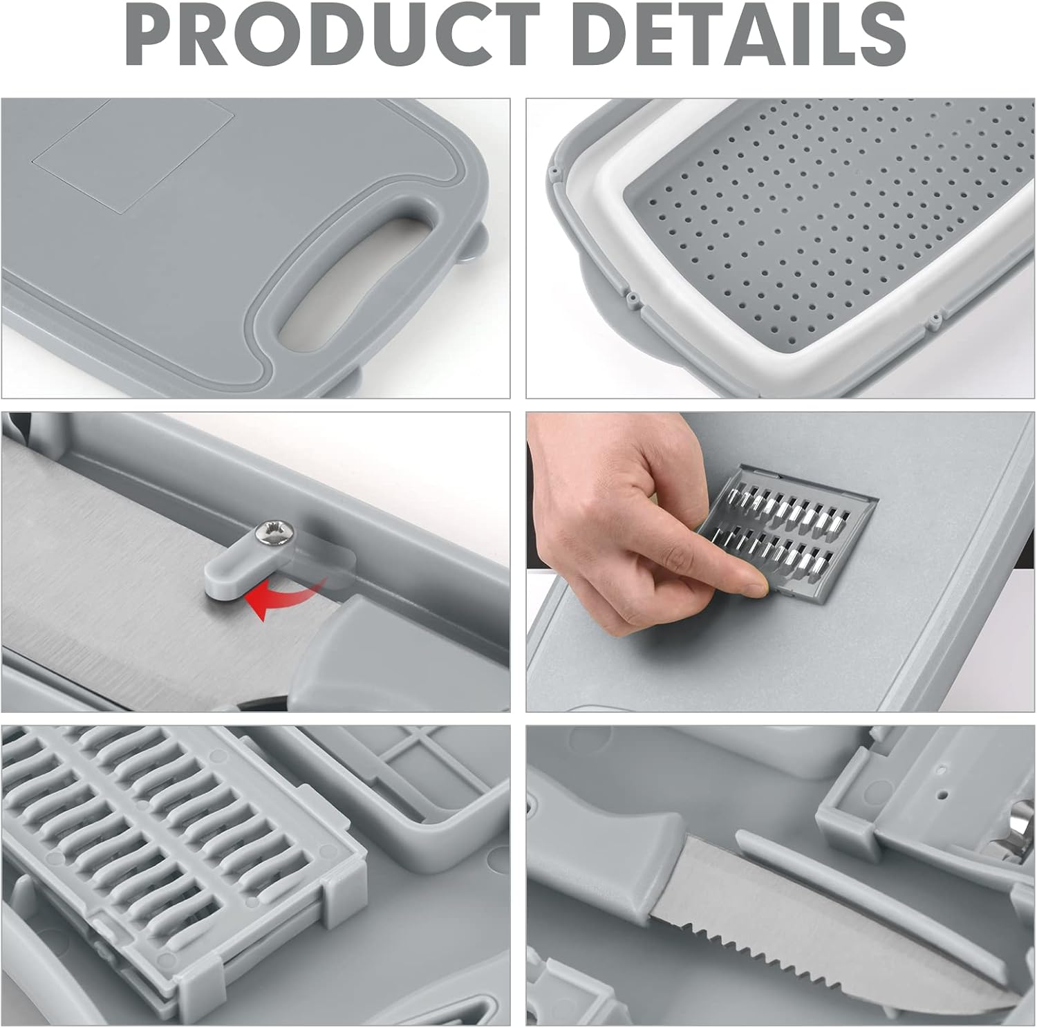 HI NINGER 9-in-1 multifunctionele snijplank, keuken met 5 groentesnijders en 2 messen, draagbare kunststof opvouwbare afvoermand voor camping, barbecue, outdoor
