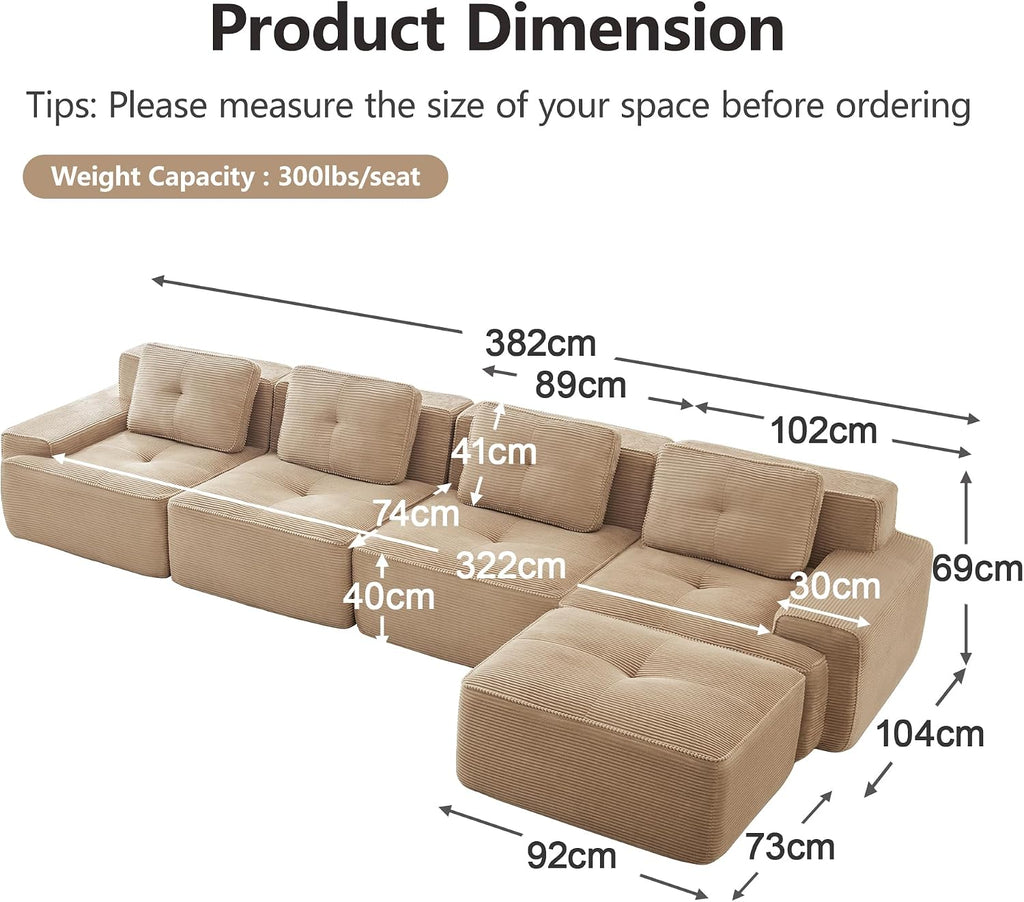 Canapé modulable en L Bladez – 3+1 places – Tissu côtelé kaki clair – Assise profonde