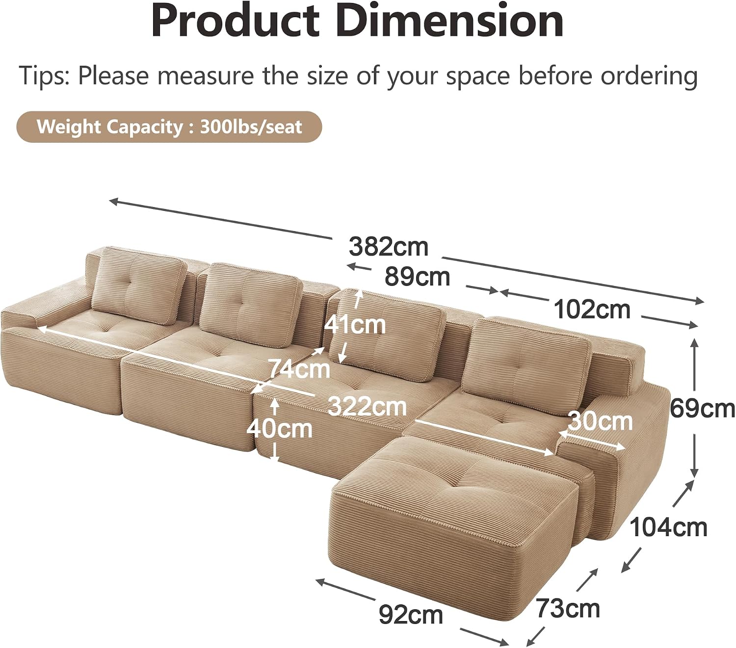 Canapé modulable en L Bladez – 3+1 places – Tissu côtelé kaki clair – Assise profonde