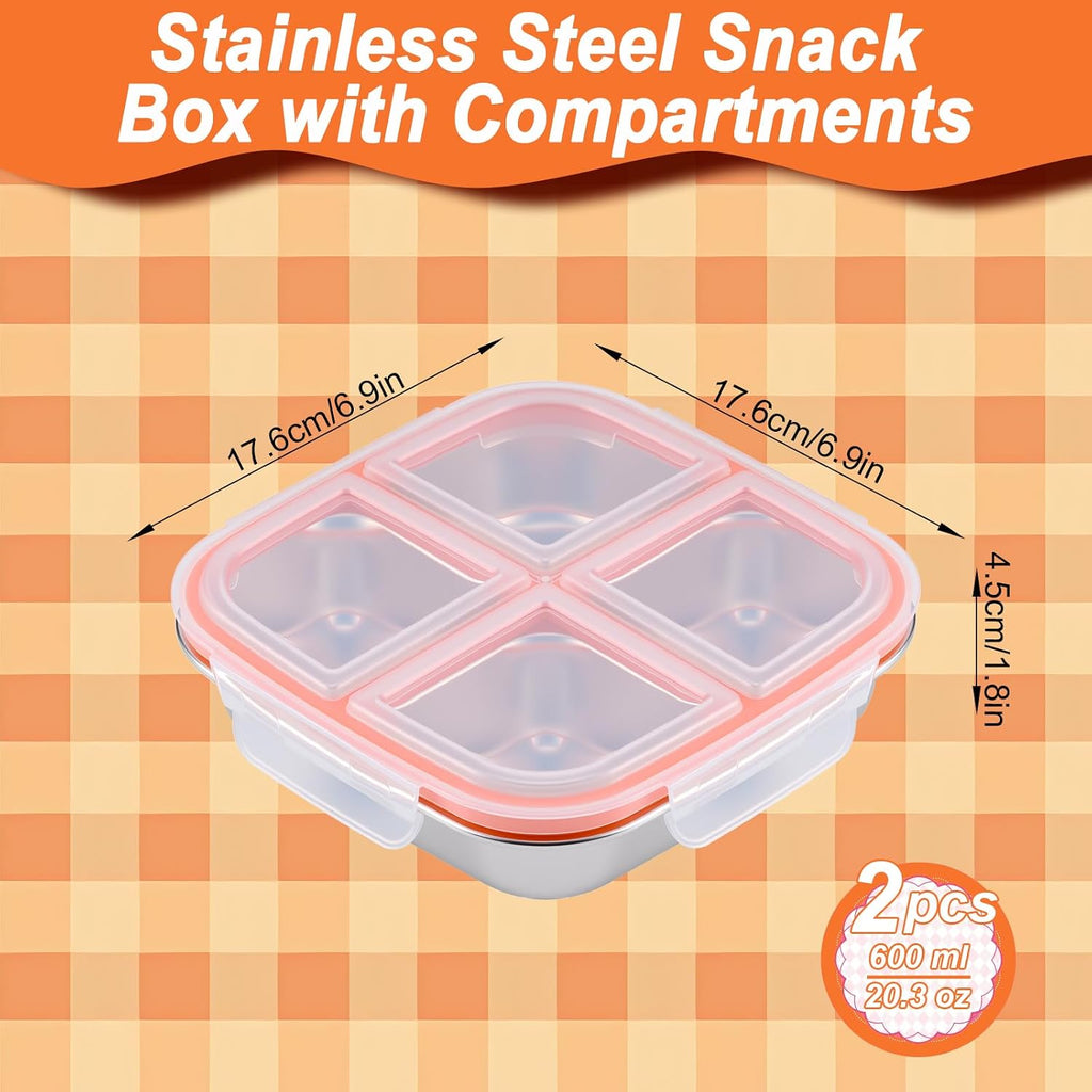 Snack Boxes with 4 Compartments, Reusable Stainless Steel Lunch Boxes for Kids and Adults, Leakproof Bento Boxes with Lids for Home Work (2 Pack)