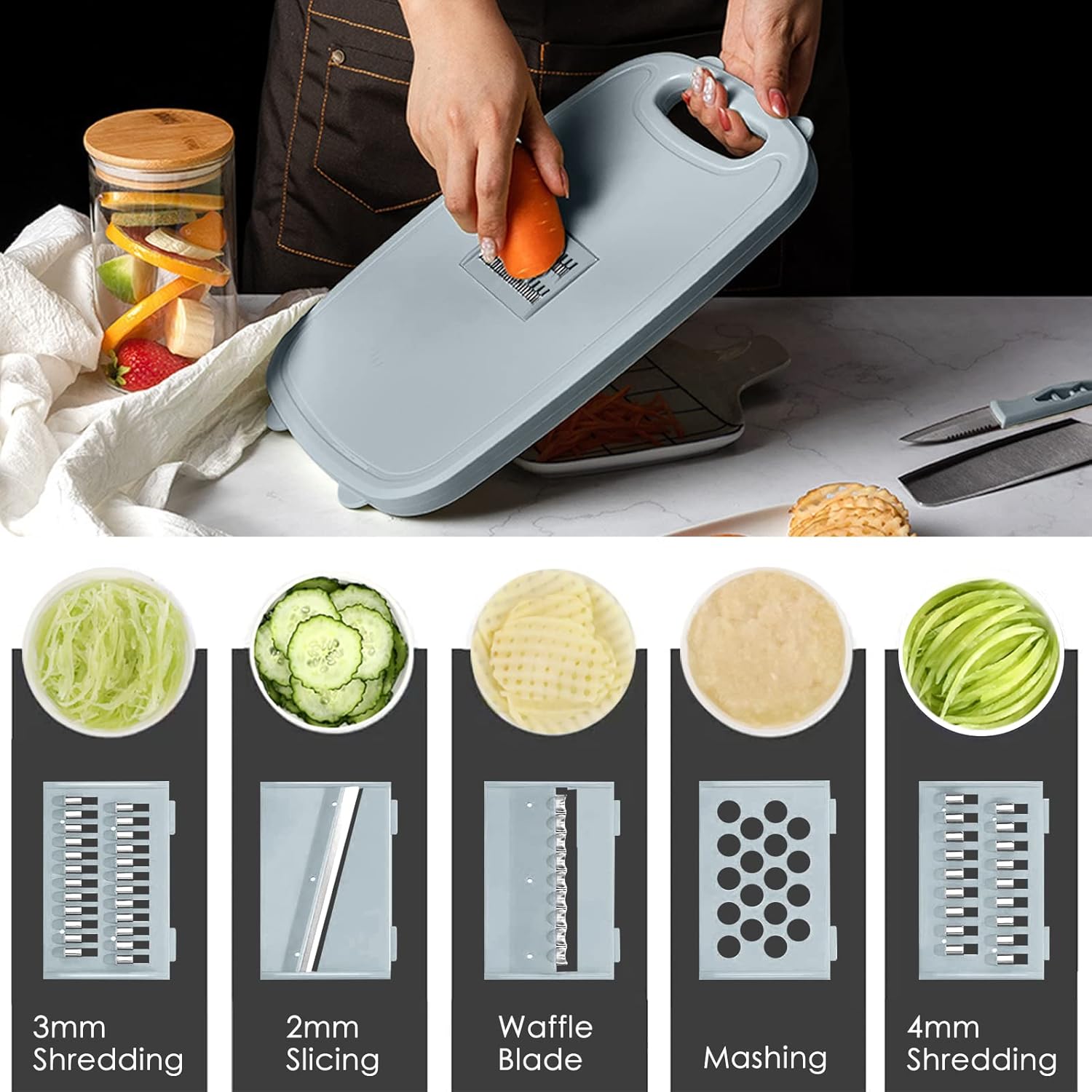 HI NINGER 9-in-1 multifunctionele snijplank, keuken met 5 groentesnijders en 2 messen, draagbare kunststof opvouwbare afvoermand voor camping, barbecue, outdoor
