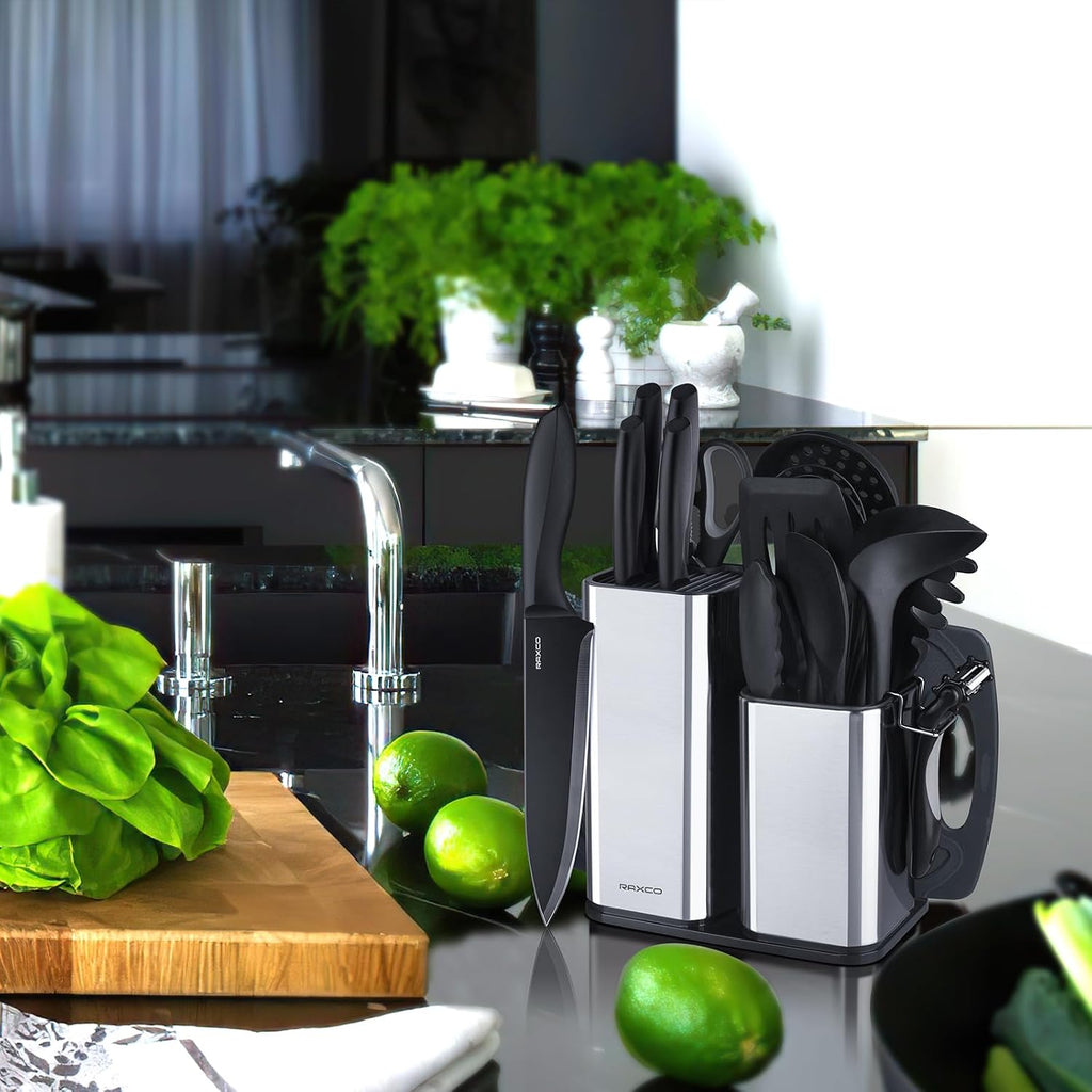 Set de Cuisine RAXCO 18 Pièces — 5 Couteaux Inox + 7 Spatules Silicone + Bloc