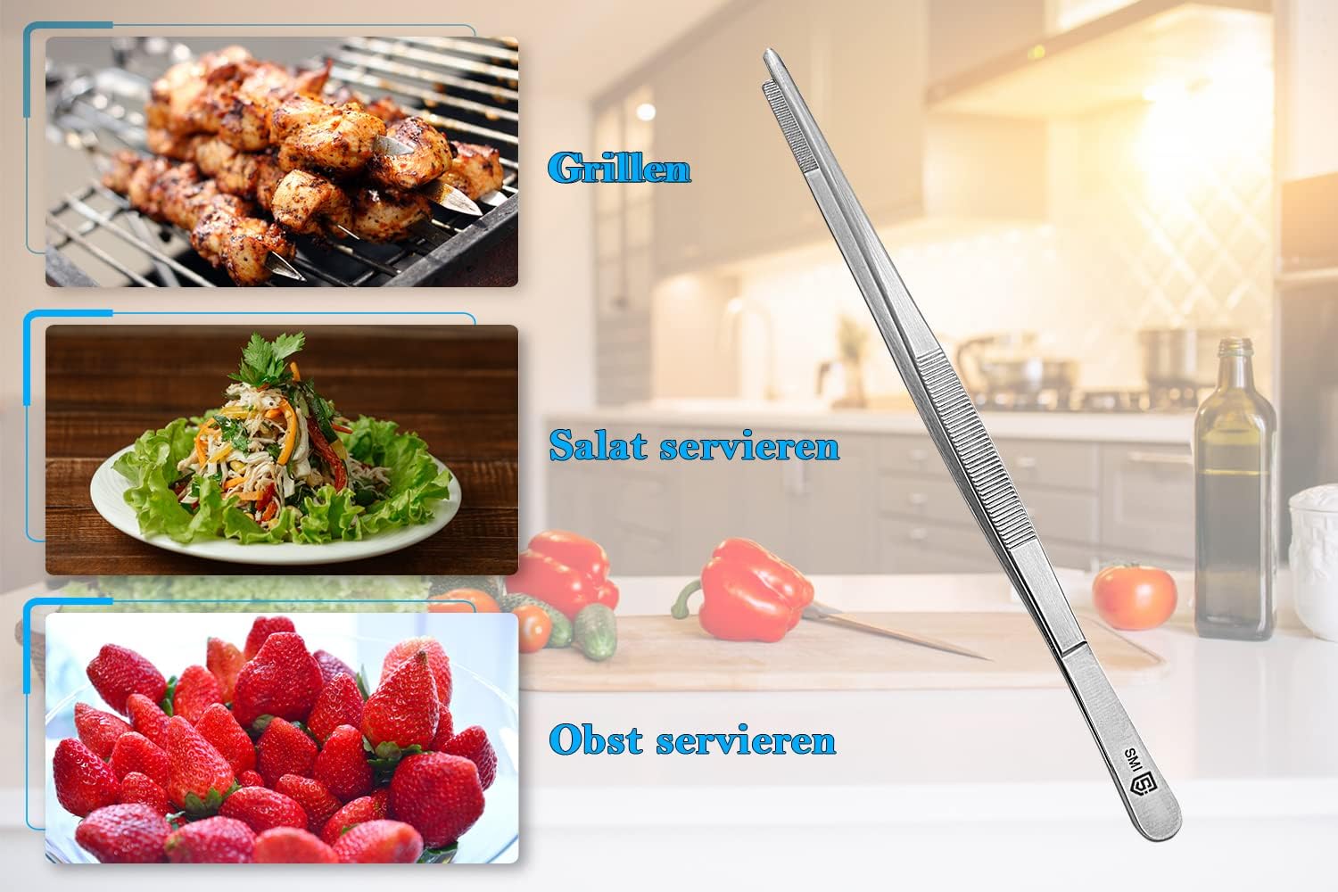 Pince de Cuisine SMI 26 cm – Acier Inoxydable, Pointe Dentelée Antidérapante, Barbecue & Grill