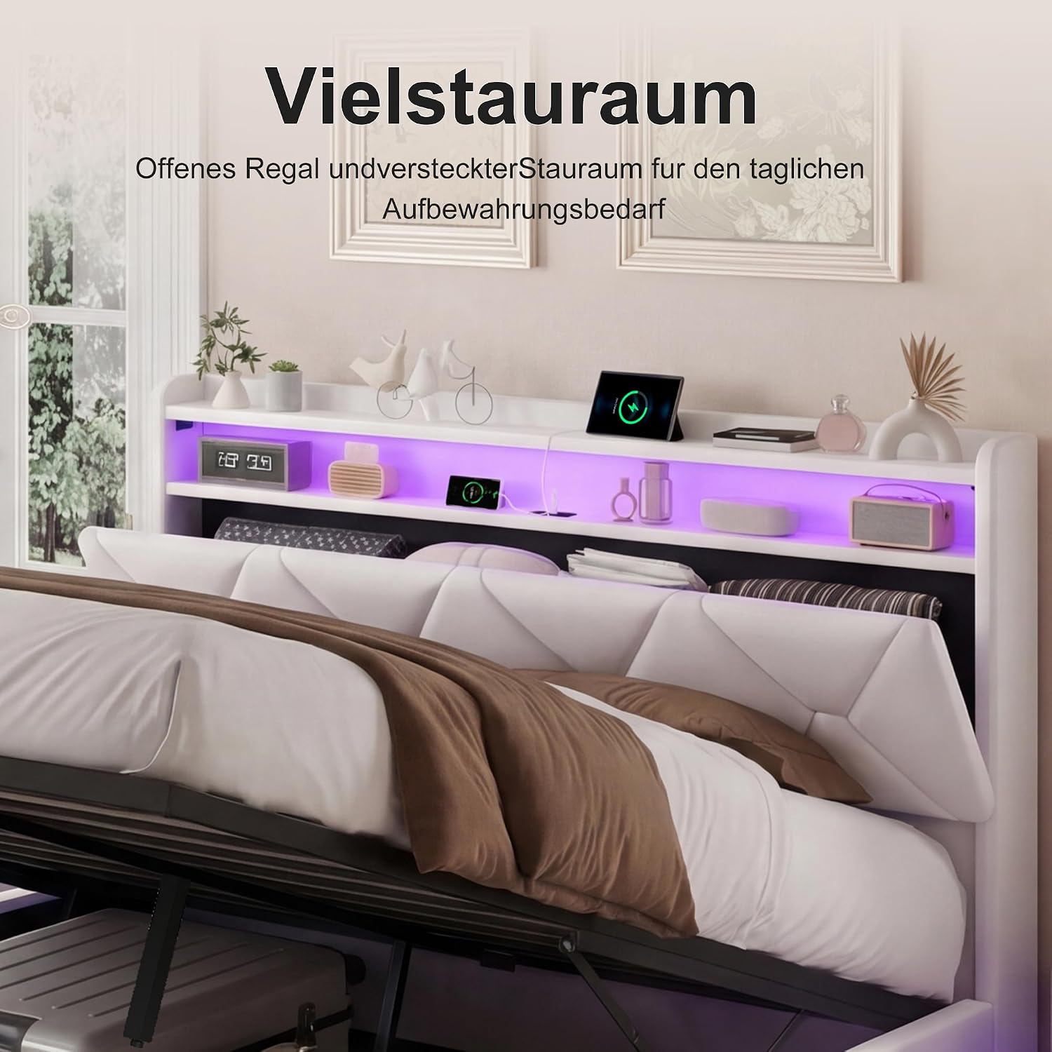 Lit Coffre BRILVERDE | LED RGB & Port USB | Sommier à Lattes | Tissu Lin | 90 à 160 x 200 cm