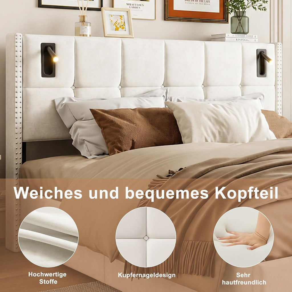 Lit Coffre Capitonné 140 x 200 cm – Tête de Lit Hydraulique & Sommier à Lattes – Flanelle Blanc Cassé
