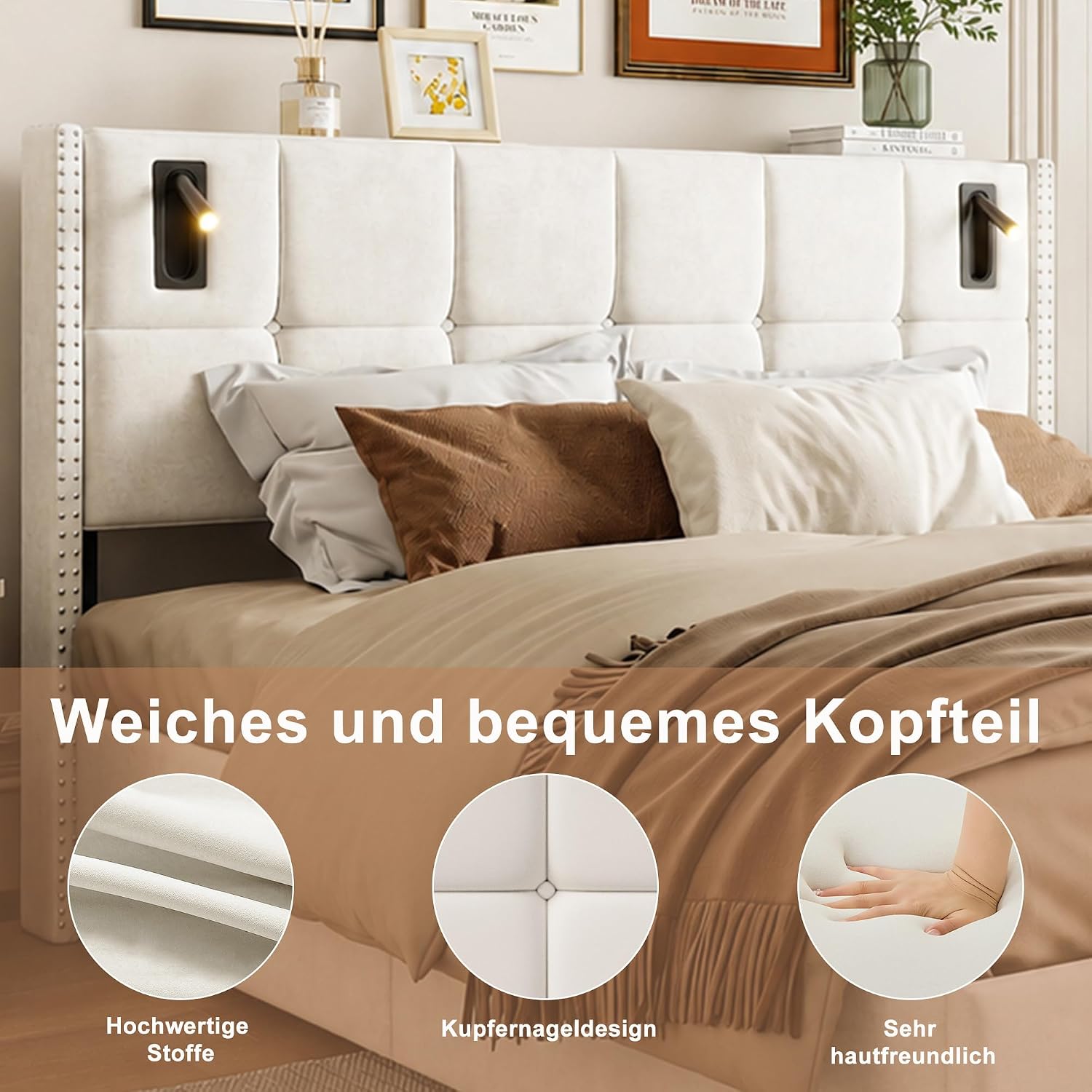 Lit Coffre Capitonné 140 x 200 cm – Tête de Lit Hydraulique & Sommier à Lattes – Flanelle Blanc Cassé