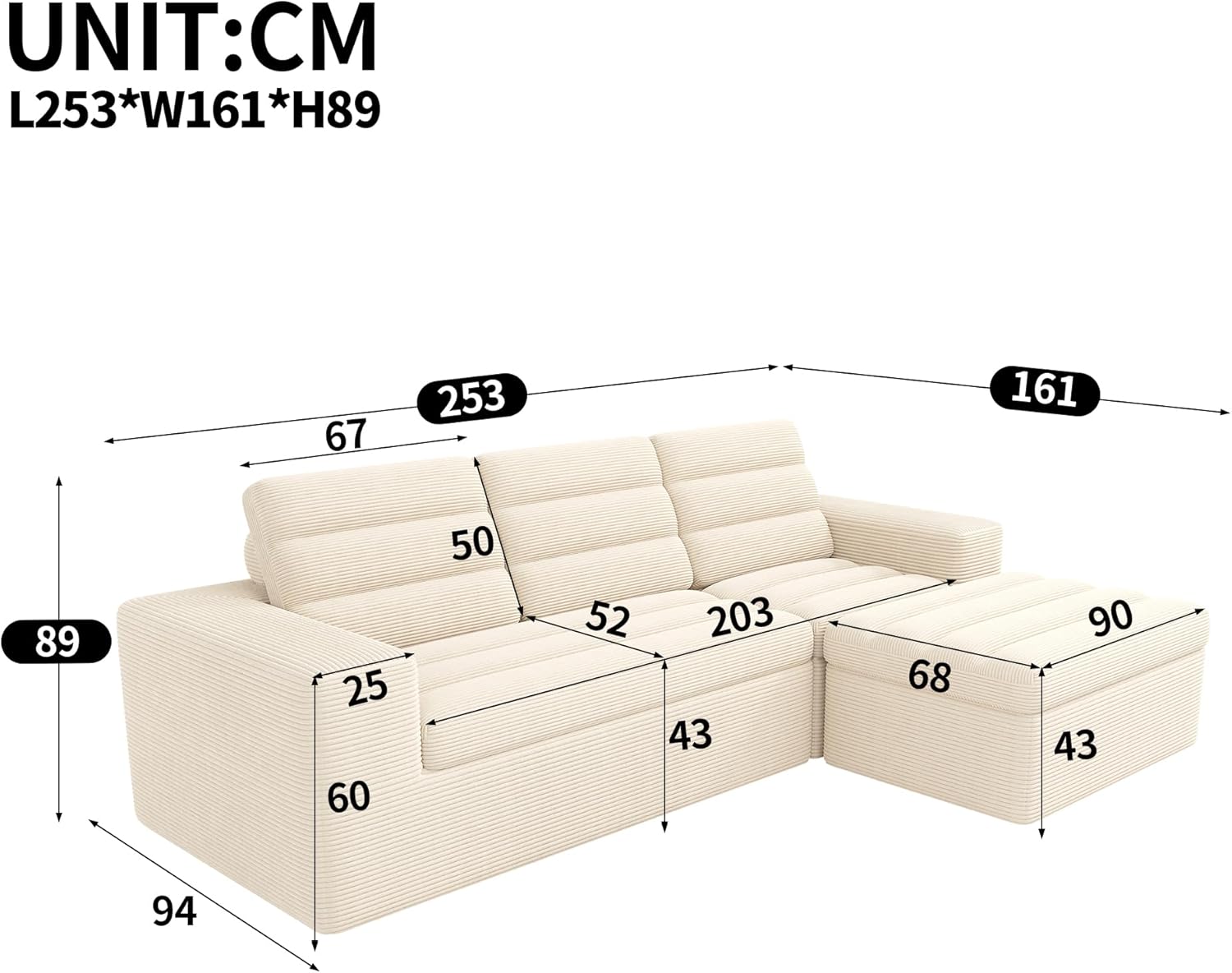 Canapé d'Angle Modulable 3 Places – Mémoire de Forme, Housse Lavable, Sans Montage | Blanc