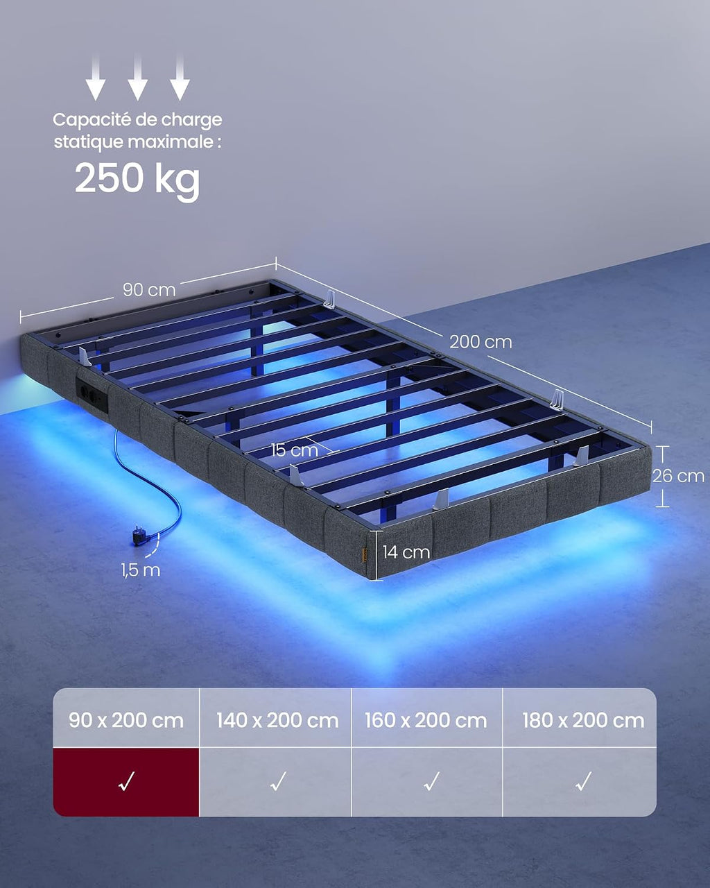 Cadre de Lit 90 x 200 cm avec Lumières LED & Prise Intégrée – Effet Flottant – Gris Ardoise – Charge 250 kg