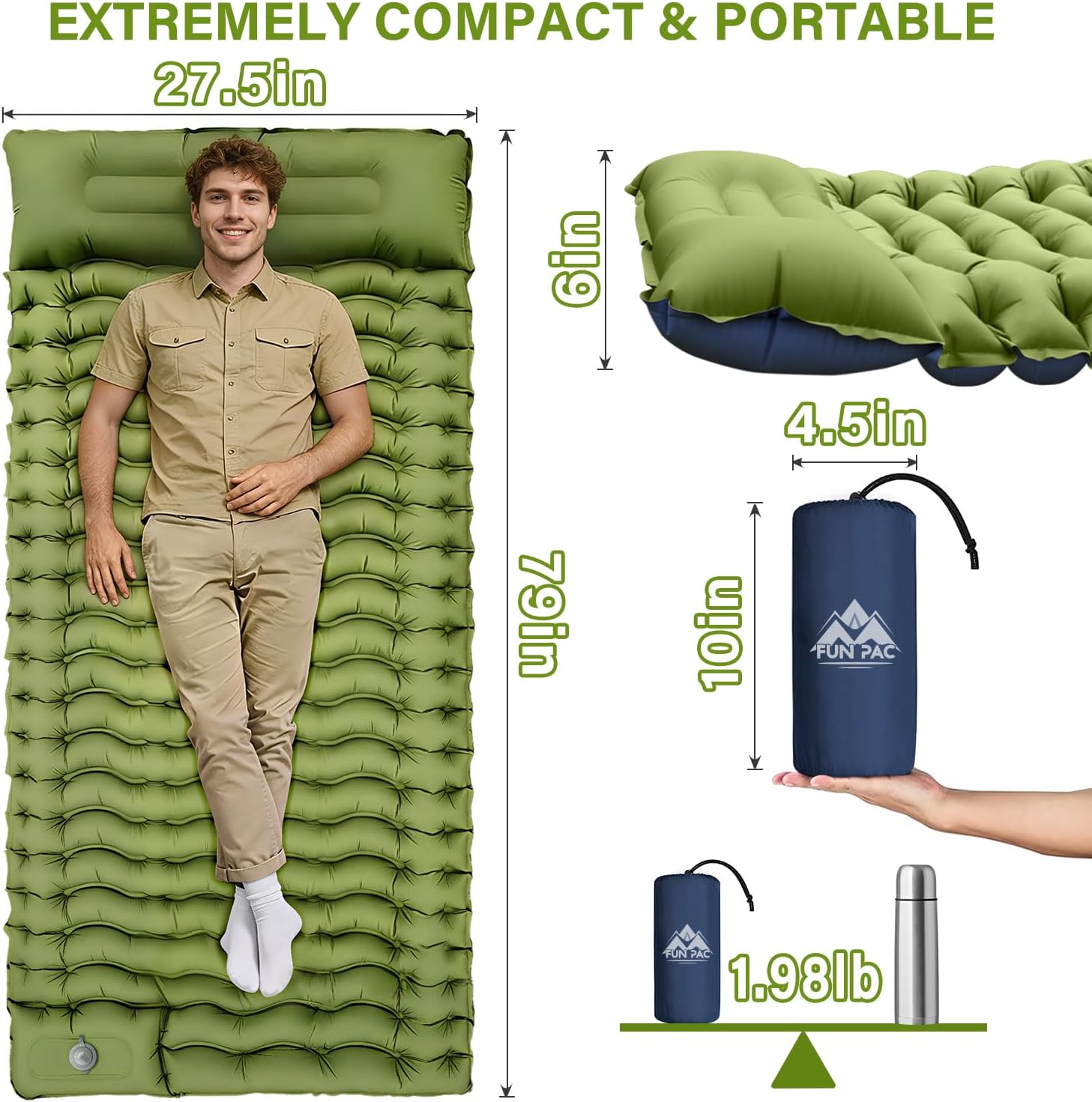 FUN PAC Ultralichte campingmatras met kussen, geïntegreerde voetpomp, compacte opblaasbare slaapmat voor kamperen, wandelen, reizen, tent, blauw en groen, 27 x 7,6 x 9,9 cm