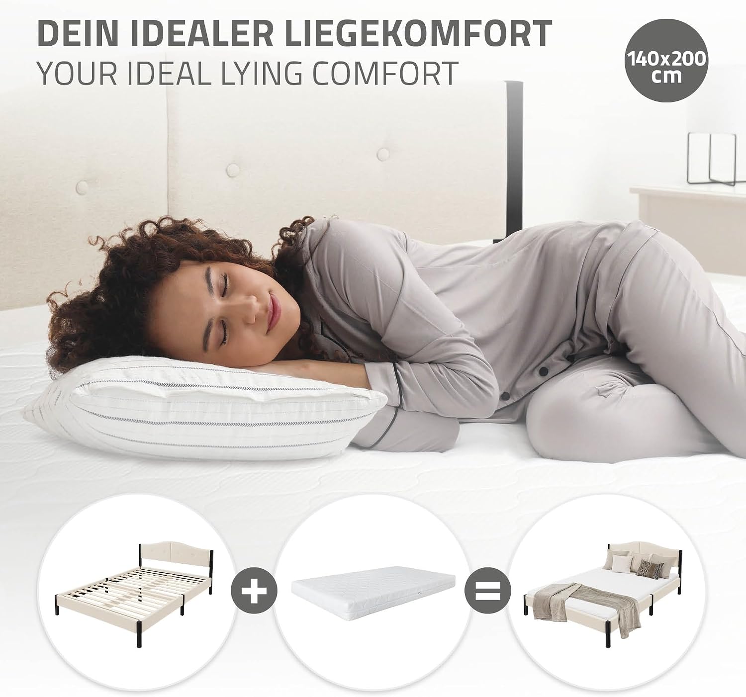 Lit Rembourré ML-Design | Cadre en Acier, Sommier à Lattes, Tête de Lit | Tissu Lin Beige ou Gris | 90/140/160/180 x 200 cm