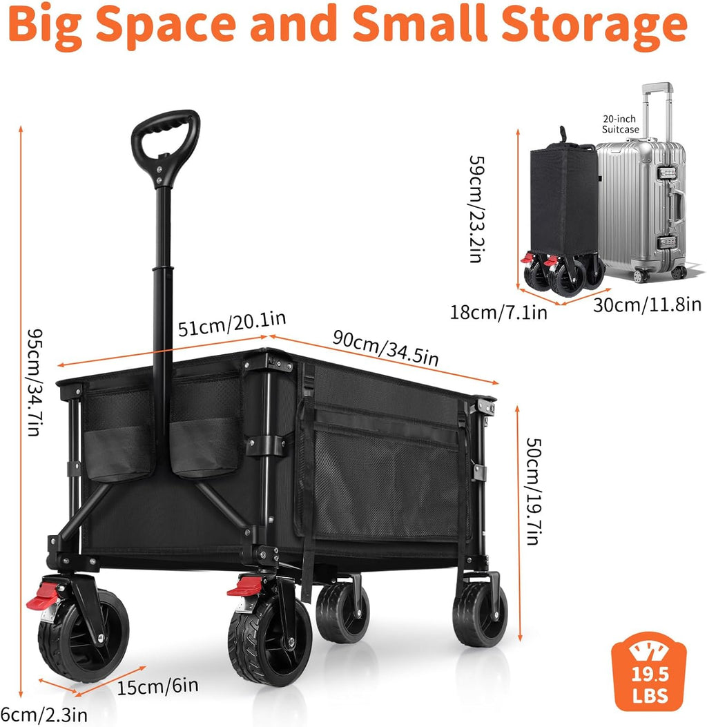 BELEEV Opvouwbare trolley met remmen, strandwagen 6 inch wielen voor alle terreinen, verstelbare handgreep, grote capaciteit van 130 l, 100 kg, voor buiten, camping, festival, BBQ, picknick, camping, zwart