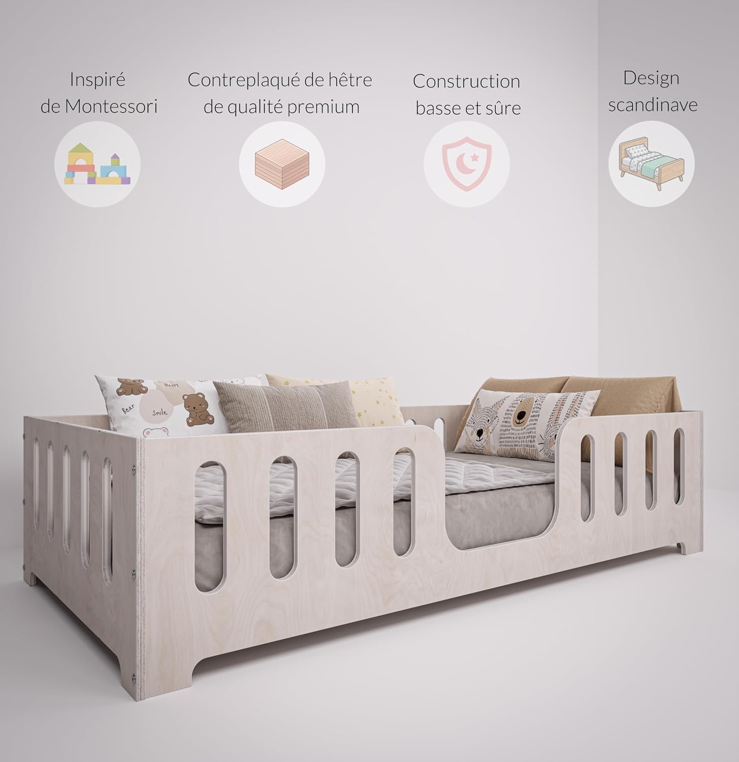 Lit Montessori Enfant 90 x 200 cm – Bois de Hêtre Naturel – Barrière de Sécurité & Sommier à Lattes