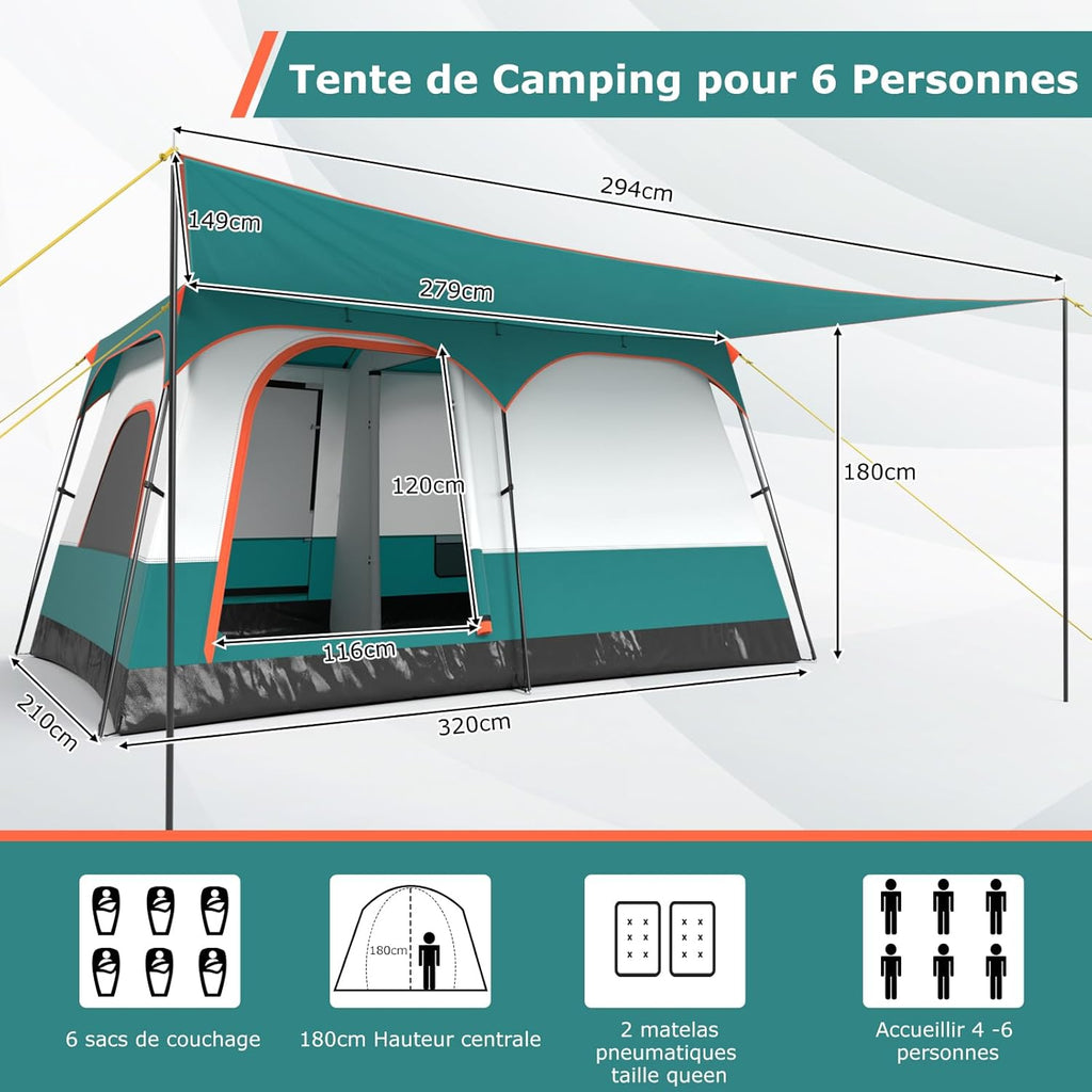 GYMAX Grote campingtent met luifel, 2 aparte slaapkamers, dakraam, afneembaar regenzeil, deuren en ramen, oprolbaar, voor buiten, concerten, picknick