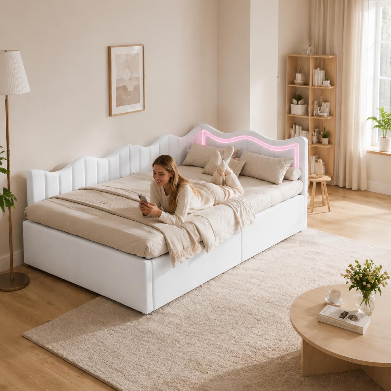 Lit Coffre 90x200 cm – Tête de Lit Rangement, Éclairage LED 16 Couleurs & Ports USB/USB-C