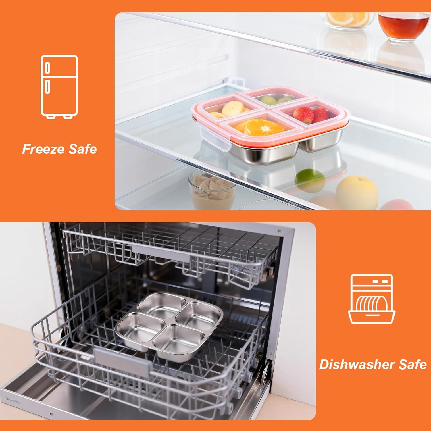 Snack Boxes with 4 Compartments, Reusable Stainless Steel Lunch Boxes for Kids and Adults, Leakproof Bento Boxes with Lids for Home Work (2 Pack)