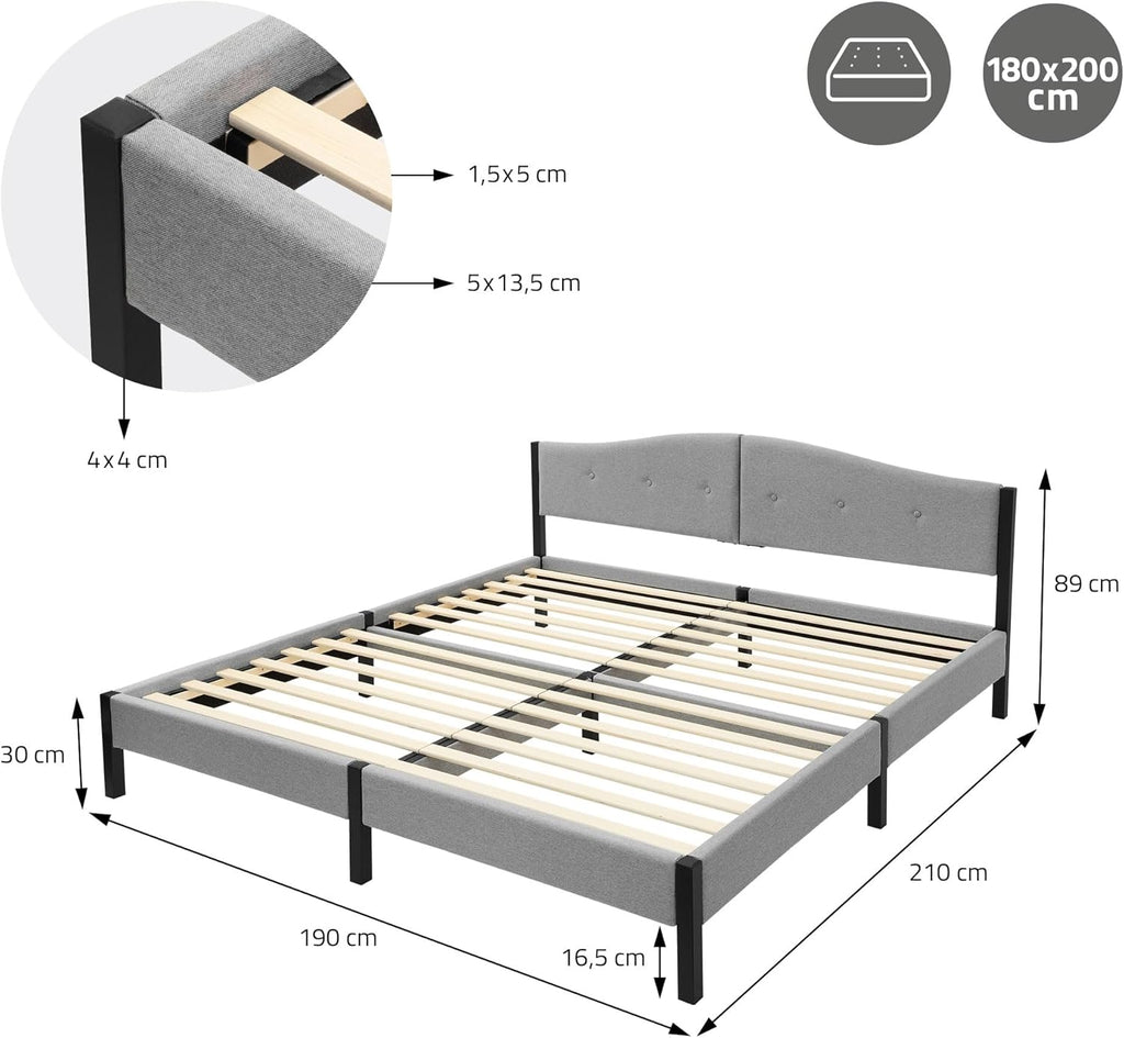 Lit Rembourré ML-Design | Cadre en Acier, Sommier à Lattes, Tête de Lit | Tissu Lin Beige ou Gris | 90/140/160/180 x 200 cm