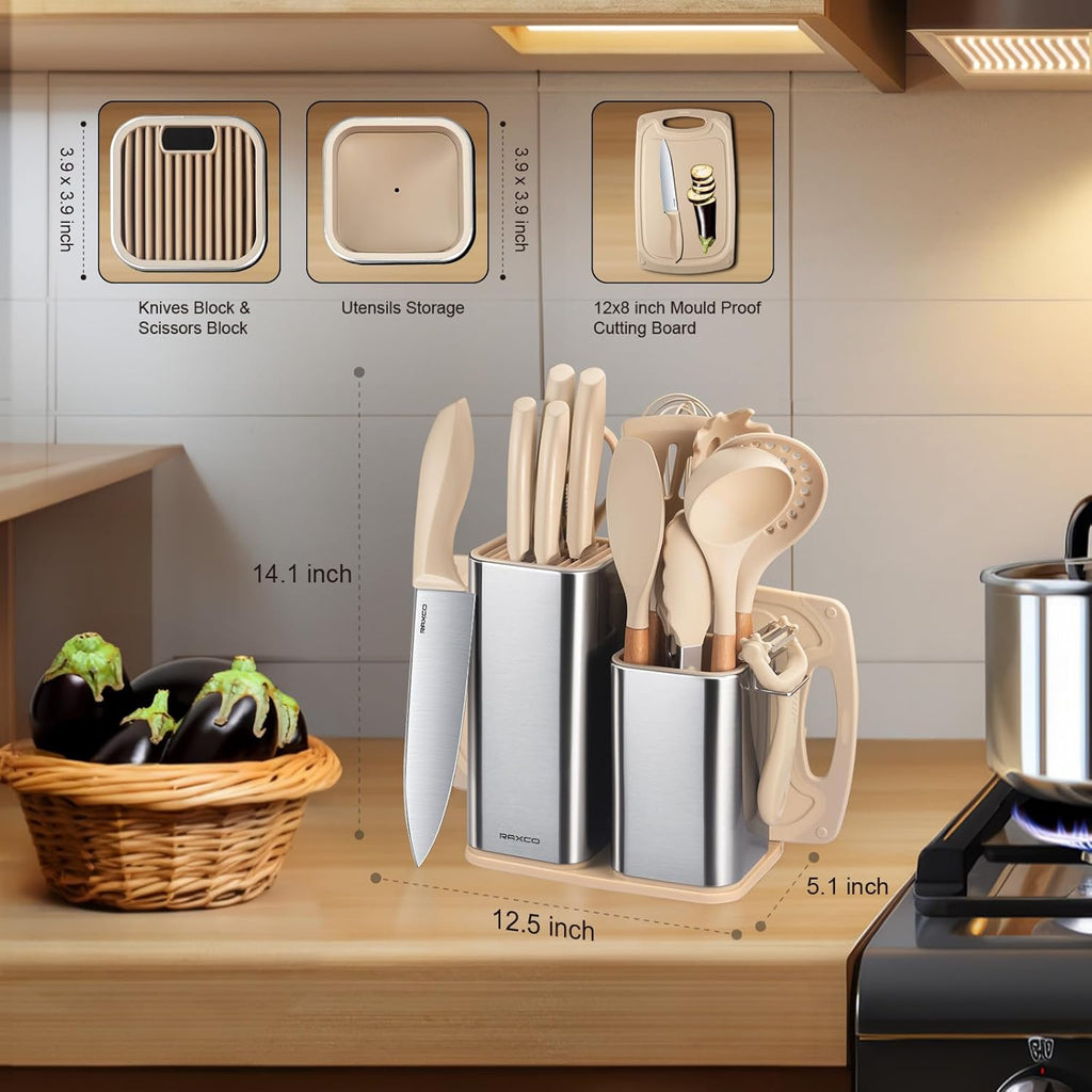 Set de Cuisine RAXCO 18 Pièces — 5 Couteaux Inox + 7 Spatules Silicone + Bloc
