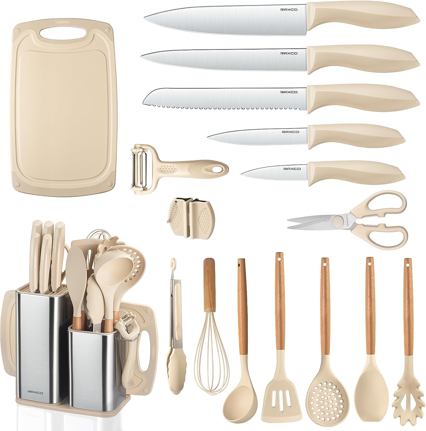 Set de Cuisine RAXCO 18 Pièces — 5 Couteaux Inox + 7 Spatules Silicone + Bloc