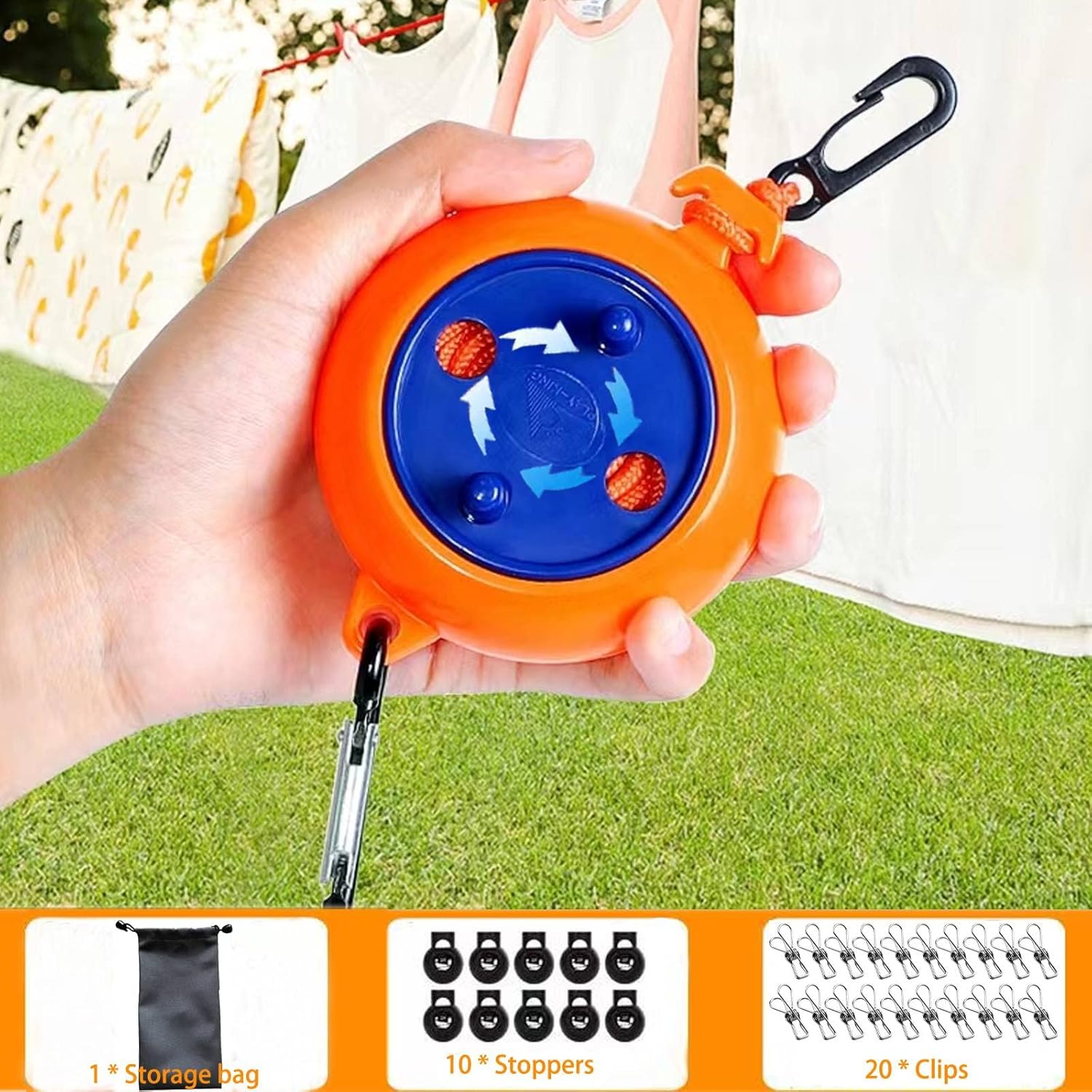 Intrekbare waslijn voor camping, outdoor, reizen, 10 m, met 10 winddichte wasknijpers