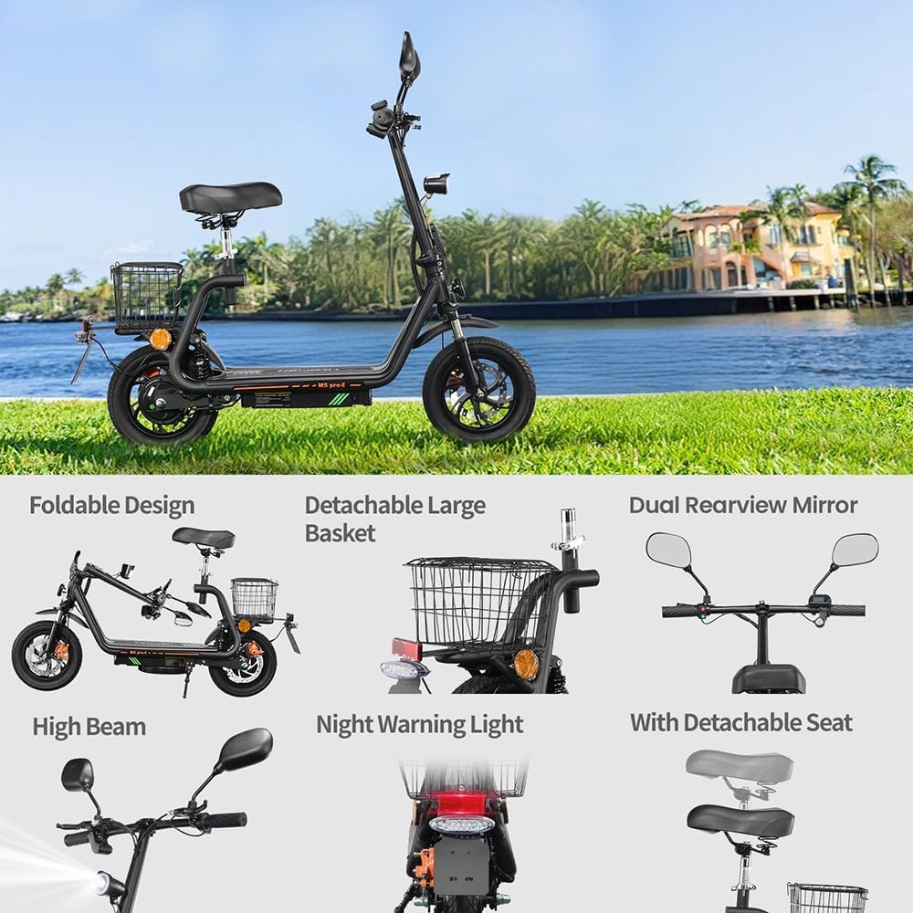 M5PRO-E Elektrische step, opvouwbaar, 48 V, 13 Ah, 30 km bereik | Snelheidsbegrenzing, display, 12 inch banden, zitting, kofferbak, spiegels, dubbele vering en schijfrem