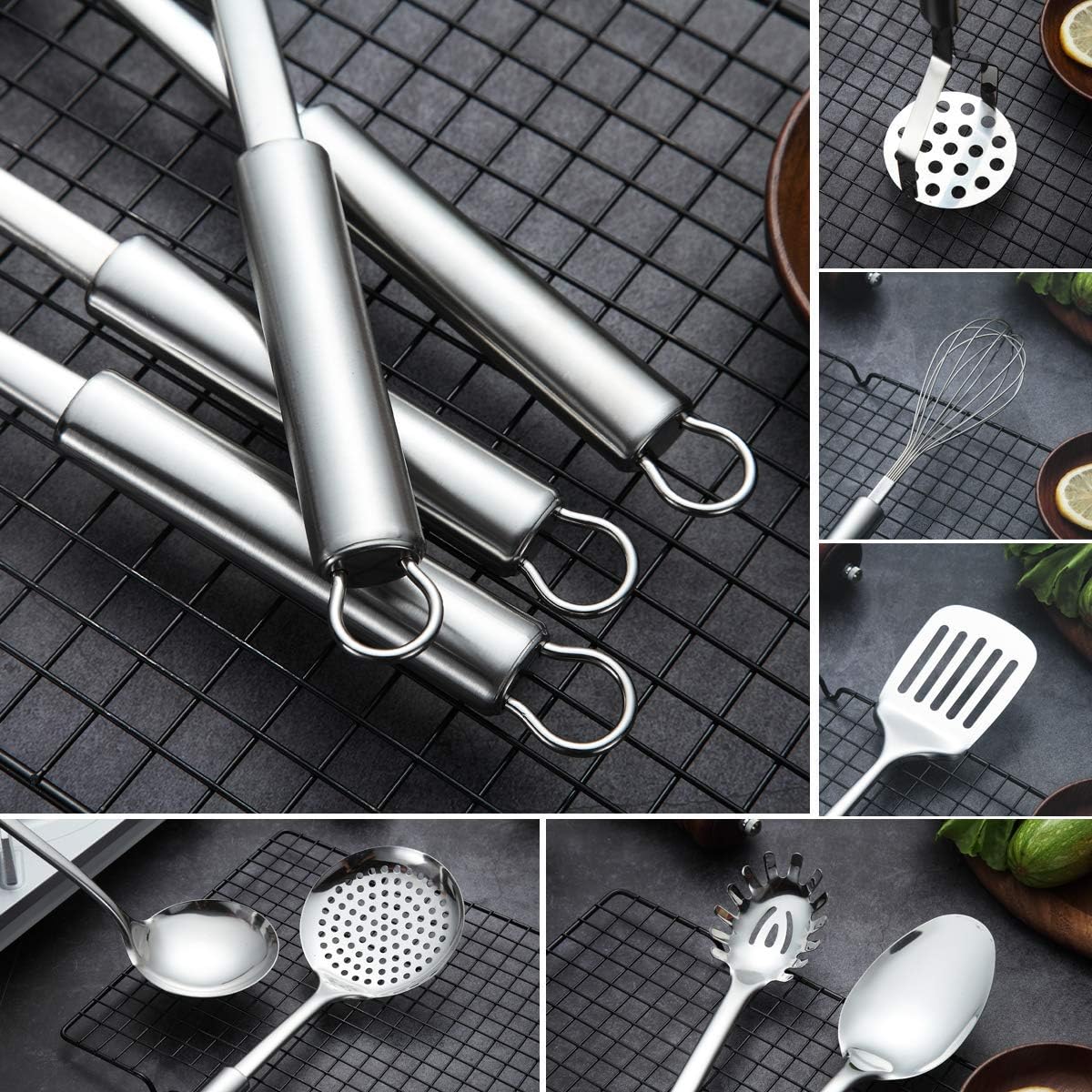 Set d'Ustensiles de Cuisine Berglander 13 Pièces — Inox Poli Miroir avec Support