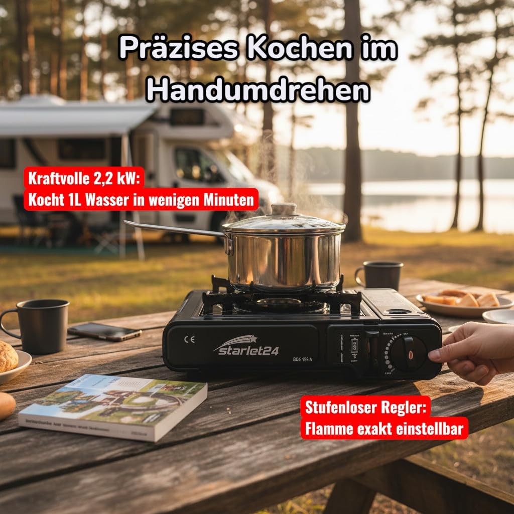 Starlet24 Krachtig campingkooktoestel met 8 gaspatronen en draagtas, ideaal voor outdooractiviteiten zoals wandelen en kamperen zonder stroomvoorziening